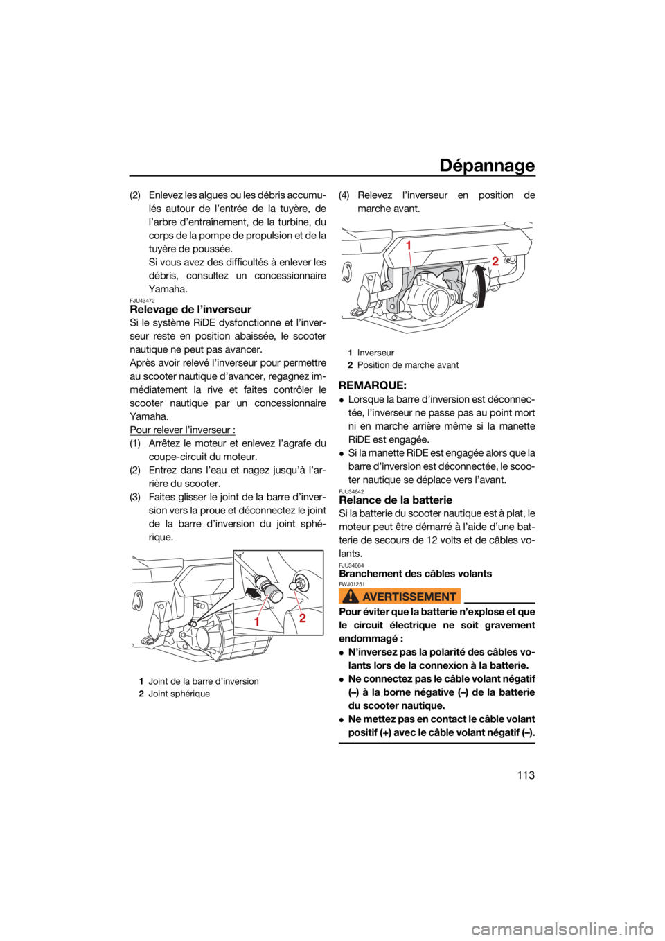 YAMAHA FX HO 2021  Notices Demploi (in French) Dépannage
113
(2) Enlevez les algues ou les débris accumu-lés autour de l’entrée de la tuyère, de
l’arbre d’entraînement, de la turbine, du
corps de la pompe de propulsion et de la
tuyère