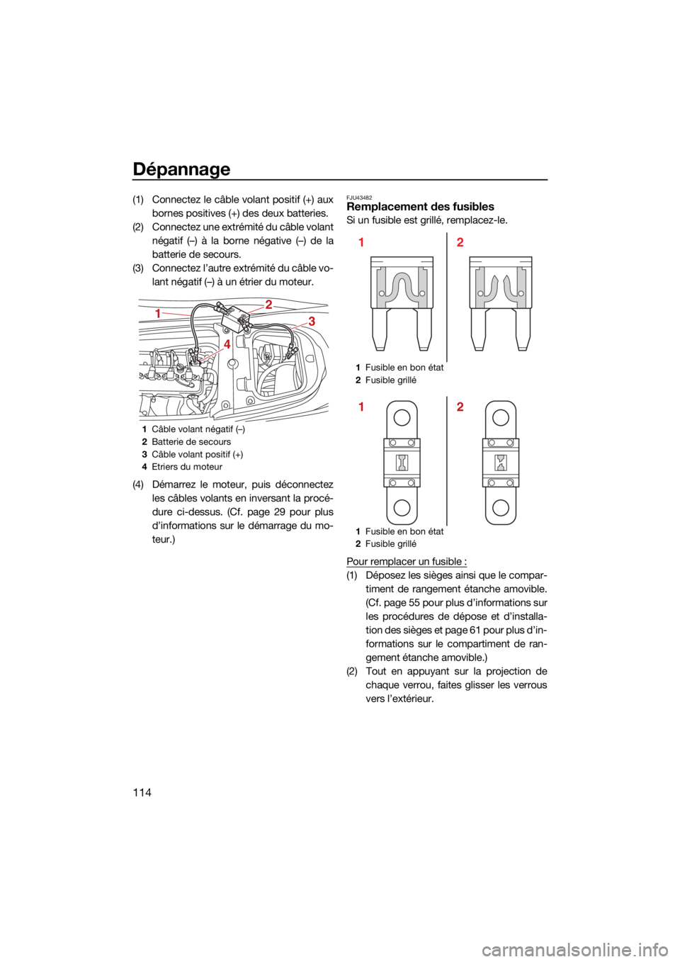 YAMAHA FX HO 2021  Notices Demploi (in French) Dépannage
114
(1) Connectez le câble volant positif (+) auxbornes positives (+) des deux batteries.
(2) Connectez une extrémité du câble volant négatif (–) à la borne négative (–) de la
ba