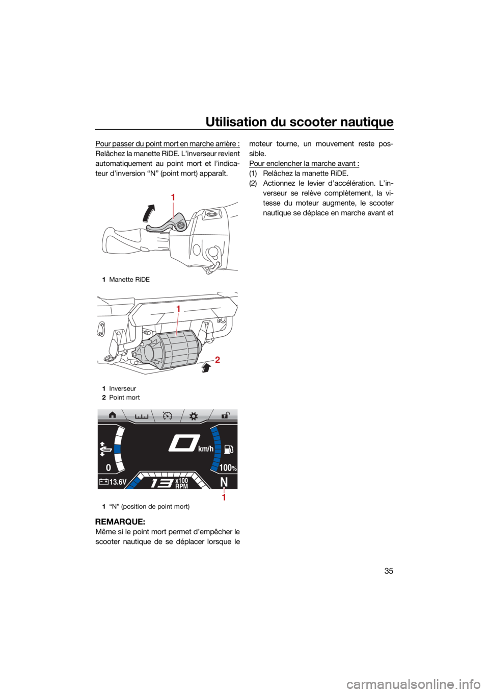 YAMAHA FX HO CRUISER 2021 Notices Demploi (in French) Utilisation du scooter nautique
35
Pour passer du point mort en marche arrière :
Relâchez la manette RiDE. L’inverseur revient
automatiquement au point mort et l’indica-
teur d’inversion “N YAMAHA FX HO CRUISER 2021 Notices Demploi (in French) Utilisation du scooter nautique
35
Pour passer du point mort en marche arrière :
Relâchez la manette RiDE. L’inverseur revient
automatiquement au point mort et l’indica-
teur d’inversion “N