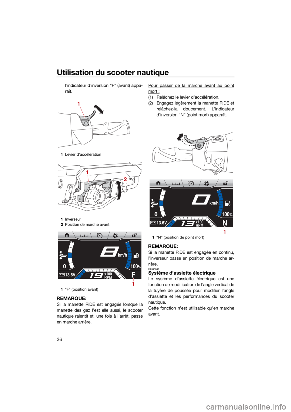 YAMAHA FX HO CRUISER 2021 Notices Demploi (in French) Utilisation du scooter nautique
36
l’indicateur d’inversion “F” (avant) appa-
raît.
REMARQUE:
Si la manette RiDE est engagée lorsque la
manette des gaz l’est elle aussi, le scooter
nautiqu YAMAHA FX HO CRUISER 2021 Notices Demploi (in French) Utilisation du scooter nautique
36
l’indicateur d’inversion “F” (avant) appa-
raît.
REMARQUE:
Si la manette RiDE est engagée lorsque la
manette des gaz l’est elle aussi, le scooter
nautiqu