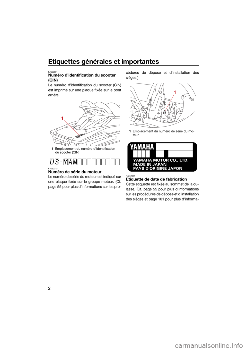 YAMAHA FX HO 2021  Notices Demploi (in French) Etiquettes générales et importantes
2
FJU36551Numéro d’identification du scooter 
(CIN)
Le numéro d’identification du scooter (CIN)
est imprimé sur une plaque fixée sur le pont
arrière.
FJU