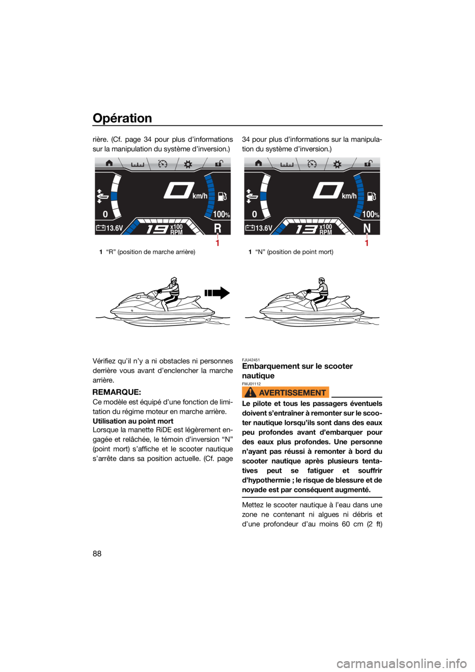 YAMAHA FX HO CRUISER 2021 Notices Demploi (in French) Opération
88
rière. (Cf. page 34 pour plus d’informations
sur la manipulation du système d’inversion.)
Vérifiez qu’il n’y a ni obstacles ni personnes
derrière vous avant d’enclencher la YAMAHA FX HO CRUISER 2021 Notices Demploi (in French) Opération
88
rière. (Cf. page 34 pour plus d’informations
sur la manipulation du système d’inversion.)
Vérifiez qu’il n’y a ni obstacles ni personnes
derrière vous avant d’enclencher la