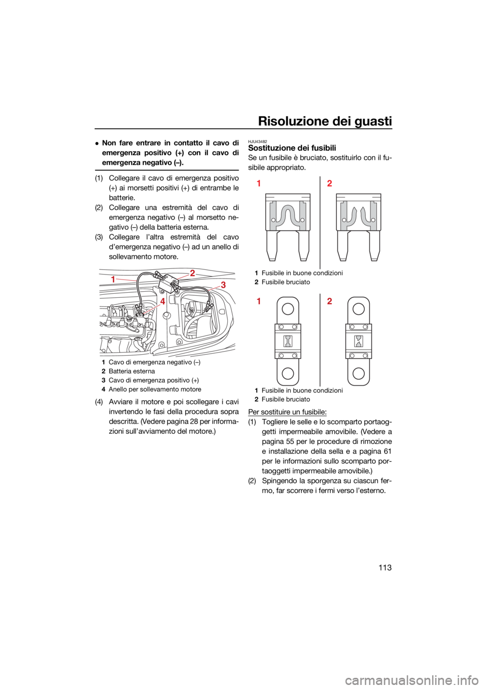 YAMAHA FX HO 2021  Manuale duso (in Italian) Risoluzione dei guasti
113
Non fare entrare in contatto il cavo di
emergenza positivo (+) con il cavo di
emergenza negativo (–).
(1) Collegare il cavo di emergenza positivo(+) ai morsetti positiv