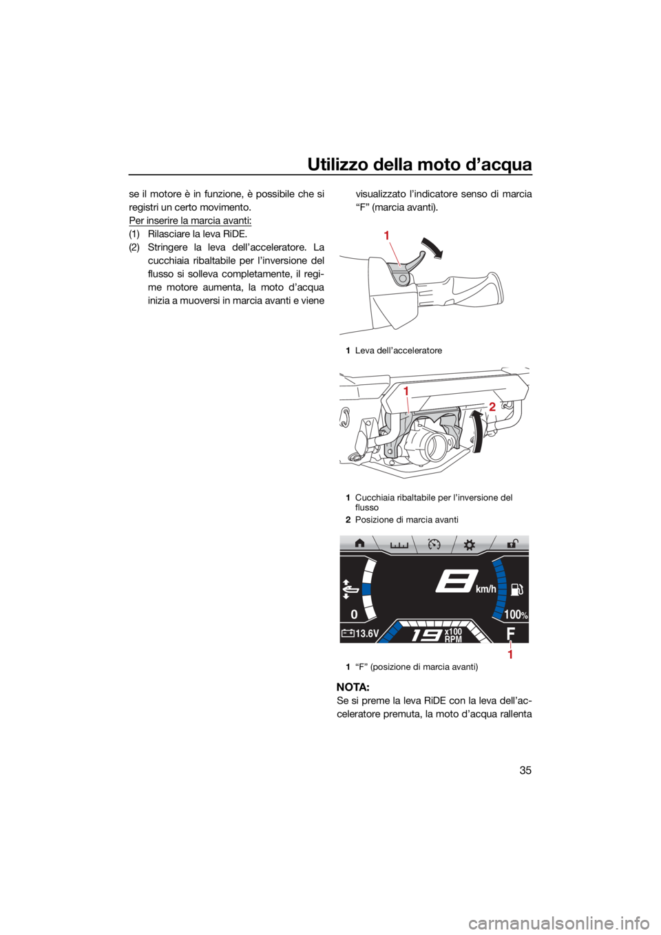 YAMAHA FX HO 2021 Manuale duso (in Italian) Utilizzo della moto d’acqua
35
se il motore è in funzione, è possibile che si
registri un certo movimento.
Per inserire la marcia avanti:
(1) Rilasciare la leva RiDE.
(2) Stringere la leva dell’ YAMAHA FX HO 2021 Manuale duso (in Italian) Utilizzo della moto d’acqua
35
se il motore è in funzione, è possibile che si
registri un certo movimento.
Per inserire la marcia avanti:
(1) Rilasciare la leva RiDE.
(2) Stringere la leva dell’