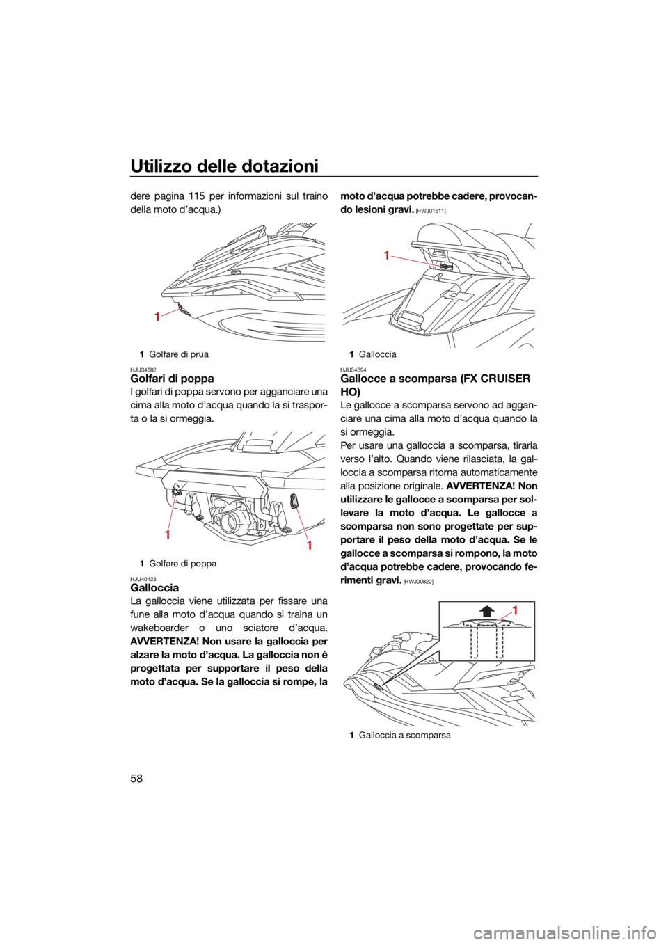 YAMAHA FX HO 2021 Manuale duso (in Italian) Utilizzo delle dotazioni
58
dere pagina 115 per informazioni sul traino
della moto d’acqua.)
HJU34882Golfari di poppa
I golfari di poppa servono per agganciare una
cima alla moto d’acqua quando la YAMAHA FX HO 2021 Manuale duso (in Italian) Utilizzo delle dotazioni
58
dere pagina 115 per informazioni sul traino
della moto d’acqua.)
HJU34882Golfari di poppa
I golfari di poppa servono per agganciare una
cima alla moto d’acqua quando la