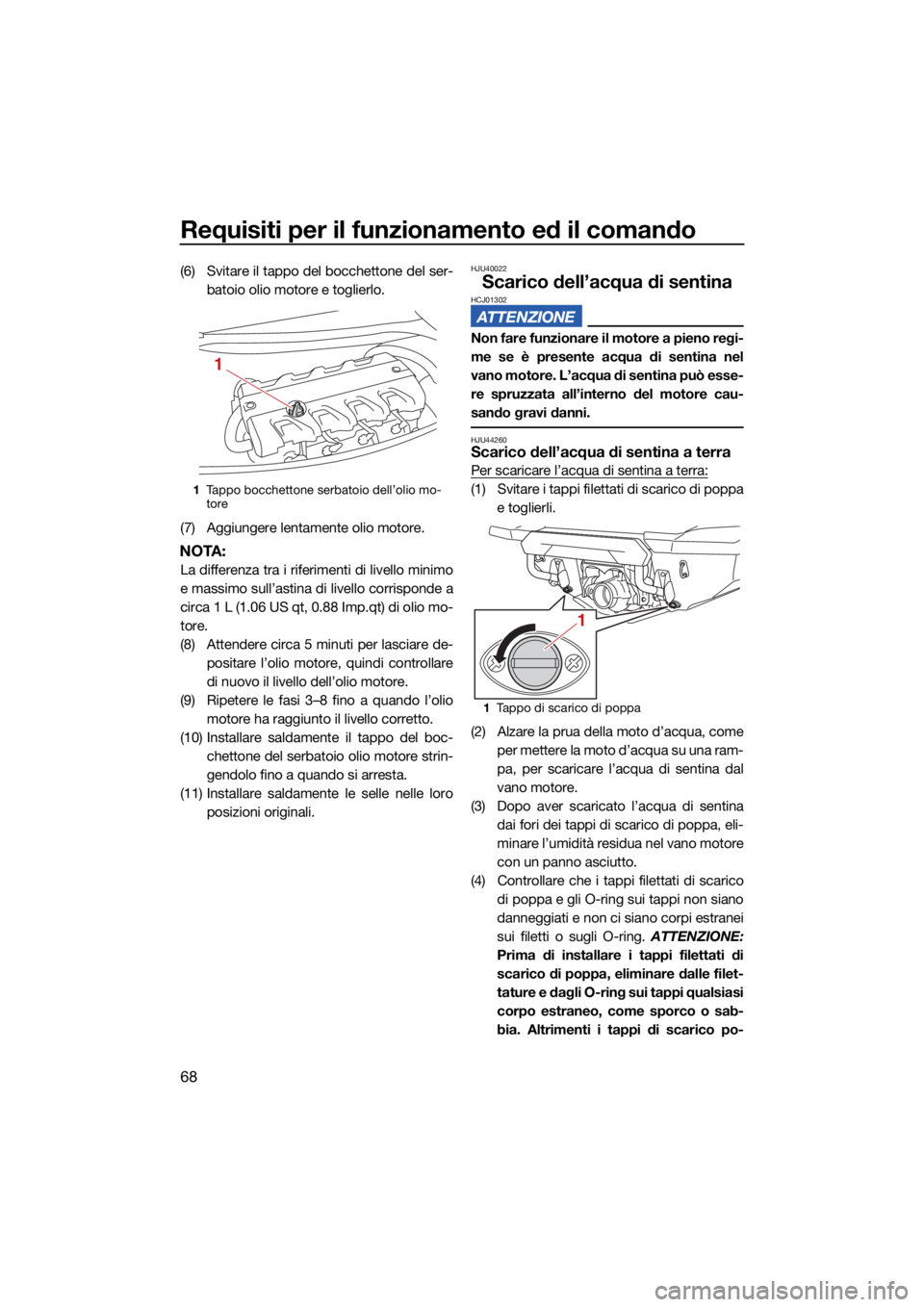 YAMAHA FX HO 2021 Manuale duso (in Italian) Requisiti per il funzionamento ed il comando
68
(6) Svitare il tappo del bocchettone del ser-batoio olio motore e toglierlo.
(7) Aggiungere lentamente olio motore.
NOTA:
La differenza tra i riferiment YAMAHA FX HO 2021 Manuale duso (in Italian) Requisiti per il funzionamento ed il comando
68
(6) Svitare il tappo del bocchettone del ser-batoio olio motore e toglierlo.
(7) Aggiungere lentamente olio motore.
NOTA:
La differenza tra i riferiment