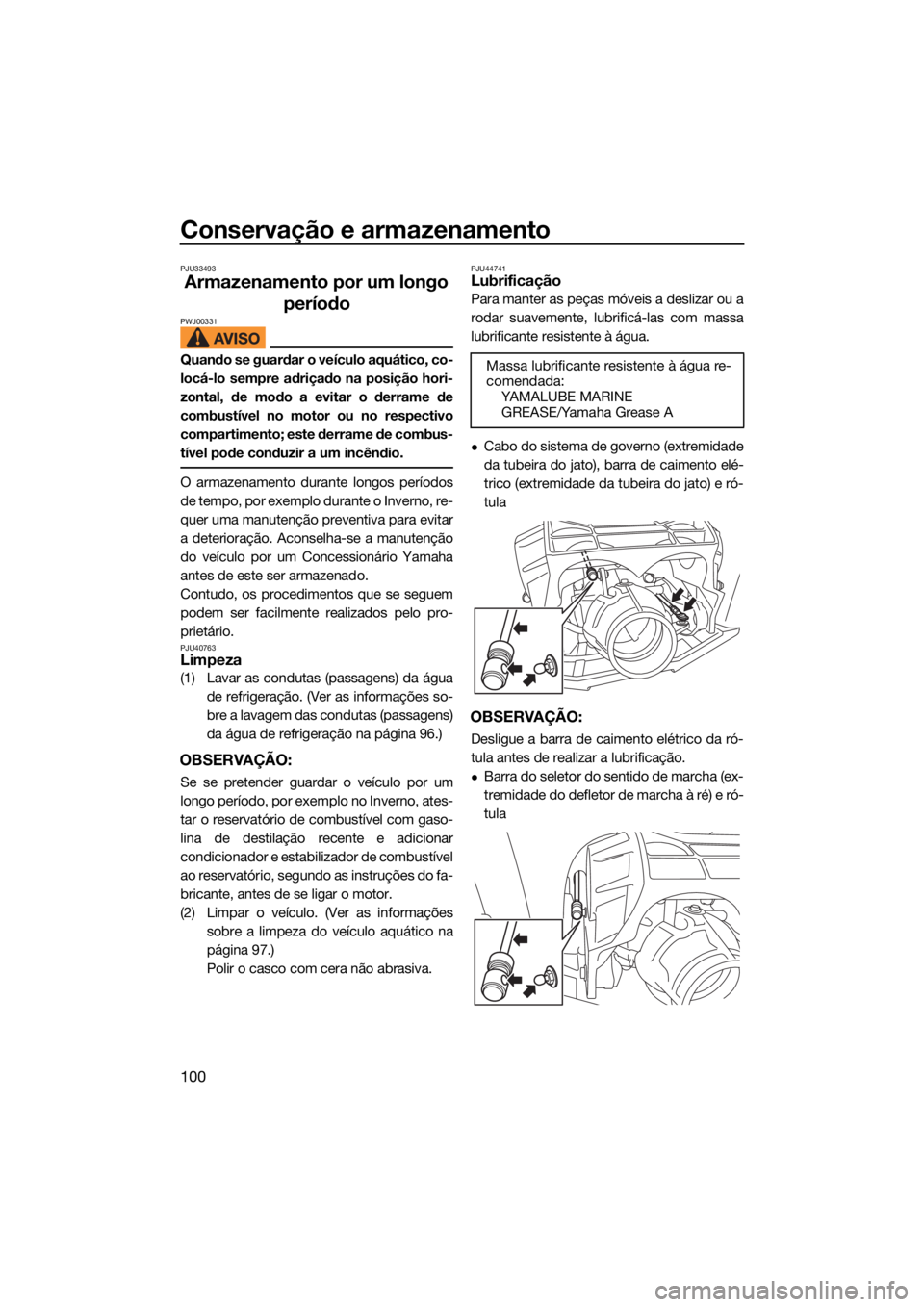 YAMAHA FX HO 2021 Manual de utilização (in Portuguese) Conservação e armazenamento
100
PJU33493
Armazenamento por um longo período
PWJ00331
Quando se guardar o veículo aquático, co-
locá-lo sempre adriçado na posição hori-
zontal, de modo a evita YAMAHA FX HO 2021 Manual de utilização (in Portuguese) Conservação e armazenamento
100
PJU33493
Armazenamento por um longo período
PWJ00331
Quando se guardar o veículo aquático, co-
locá-lo sempre adriçado na posição hori-
zontal, de modo a evita