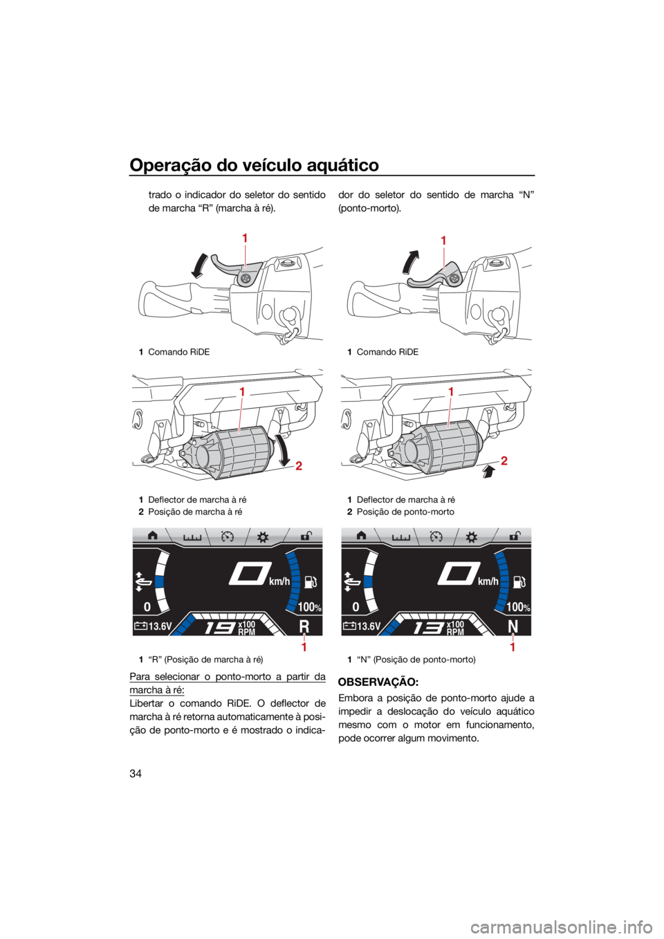 YAMAHA FX HO 2021 Manual de utilização (in Portuguese) Operação do veículo aquático
34
trado o indicador do seletor do sentido
de marcha “R” (marcha à ré).
Para selecionar o ponto-morto a partir da
marcha à ré:
Libertar o comando RiDE. O defle YAMAHA FX HO 2021 Manual de utilização (in Portuguese) Operação do veículo aquático
34
trado o indicador do seletor do sentido
de marcha “R” (marcha à ré).
Para selecionar o ponto-morto a partir da
marcha à ré:
Libertar o comando RiDE. O defle