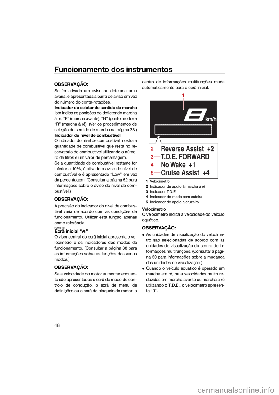 YAMAHA FX HO 2021 Manual de utilização (in Portuguese) Funcionamento dos instrumentos
48
OBSERVAÇÃO:
Se for ativado um aviso ou detetada uma
avaria, é apresentada a barra de aviso em vez
do número do conta-rotações.
Indicador do seletor do sentido d YAMAHA FX HO 2021 Manual de utilização (in Portuguese) Funcionamento dos instrumentos
48
OBSERVAÇÃO:
Se for ativado um aviso ou detetada uma
avaria, é apresentada a barra de aviso em vez
do número do conta-rotações.
Indicador do seletor do sentido d