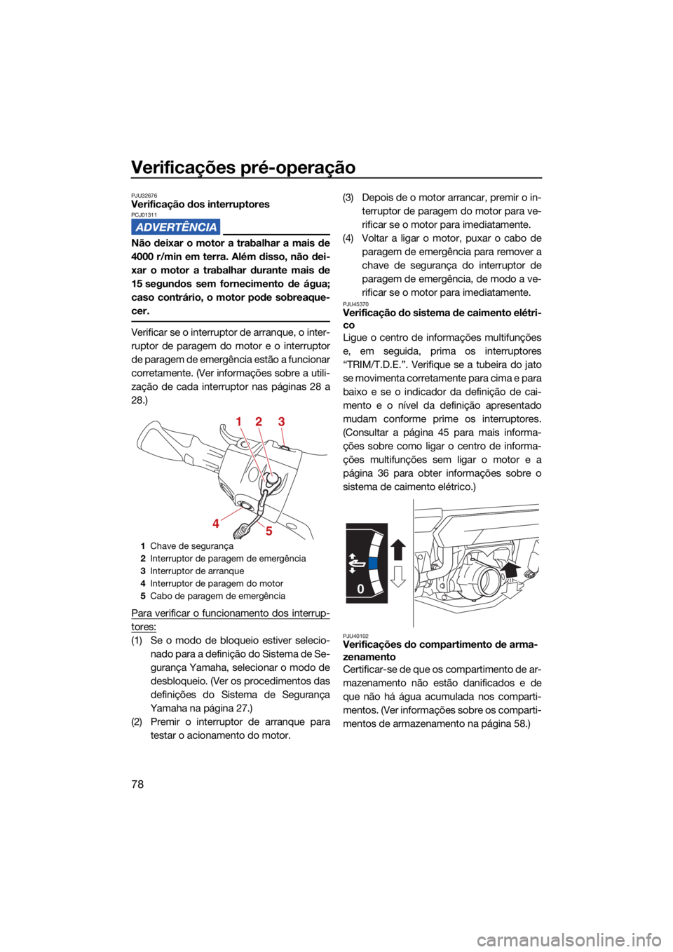 YAMAHA FX HO 2021 Manual de utilização (in Portuguese) Verificações pré-operação
78
PJU32676Verificação dos interruptoresPCJ01311
Não deixar o motor a trabalhar a mais de
4000 r/min em terra. Além disso, não dei-
xar o motor a trabalhar durante YAMAHA FX HO 2021 Manual de utilização (in Portuguese) Verificações pré-operação
78
PJU32676Verificação dos interruptoresPCJ01311
Não deixar o motor a trabalhar a mais de
4000 r/min em terra. Além disso, não dei-
xar o motor a trabalhar durante