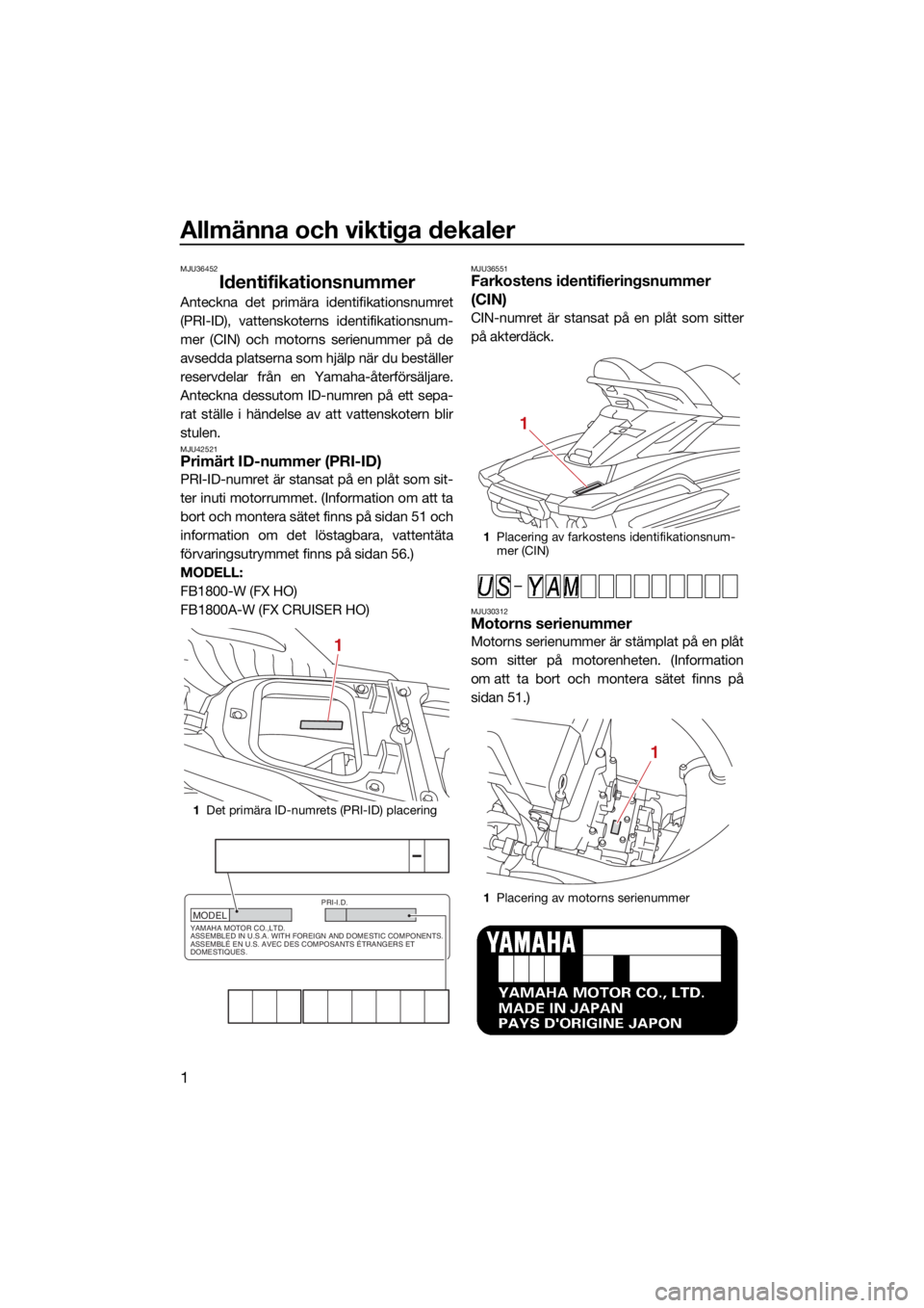 YAMAHA FX HO CRUISER 2021  Bruksanvisningar (in Swedish) Allmänna och viktiga dekaler
1
MJU36452
Identifikationsnummer
Anteckna det primära identifikationsnumret
(PRI-ID), vattenskoterns identifikationsnum-
mer (CIN) och motorns serienummer på de
avsedda