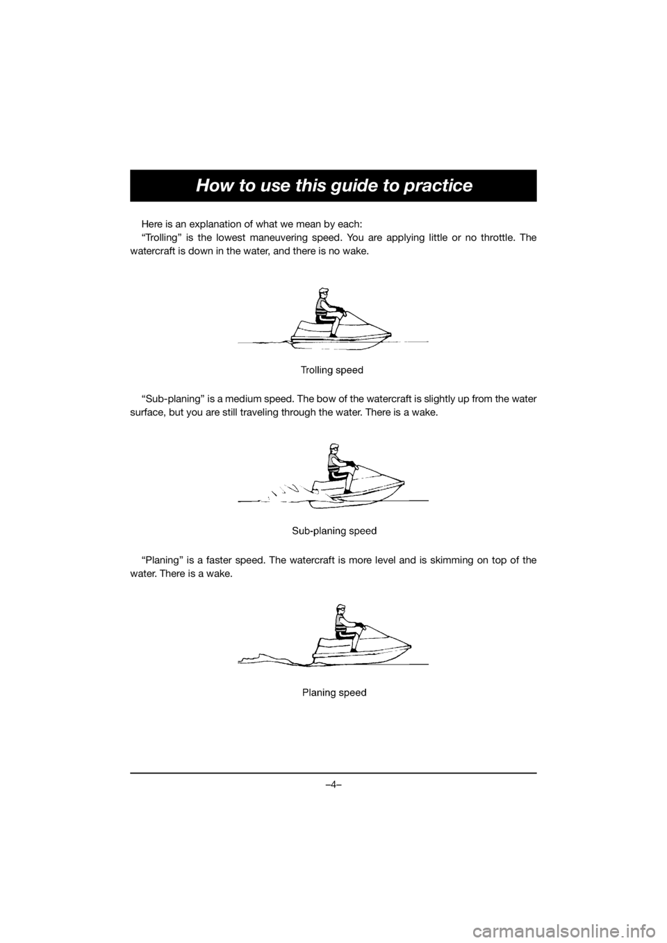 YAMAHA FX HO 2019 Manual de utilização (in Portuguese) –4–
How to use this guide to practice
Here is an explanation of what we mean by each:
“Trolling” is the lowest maneuvering speed. You are applying little or no throttle. The
watercraft is down YAMAHA FX HO 2019 Manual de utilização (in Portuguese) –4–
How to use this guide to practice
Here is an explanation of what we mean by each:
“Trolling” is the lowest maneuvering speed. You are applying little or no throttle. The
watercraft is down