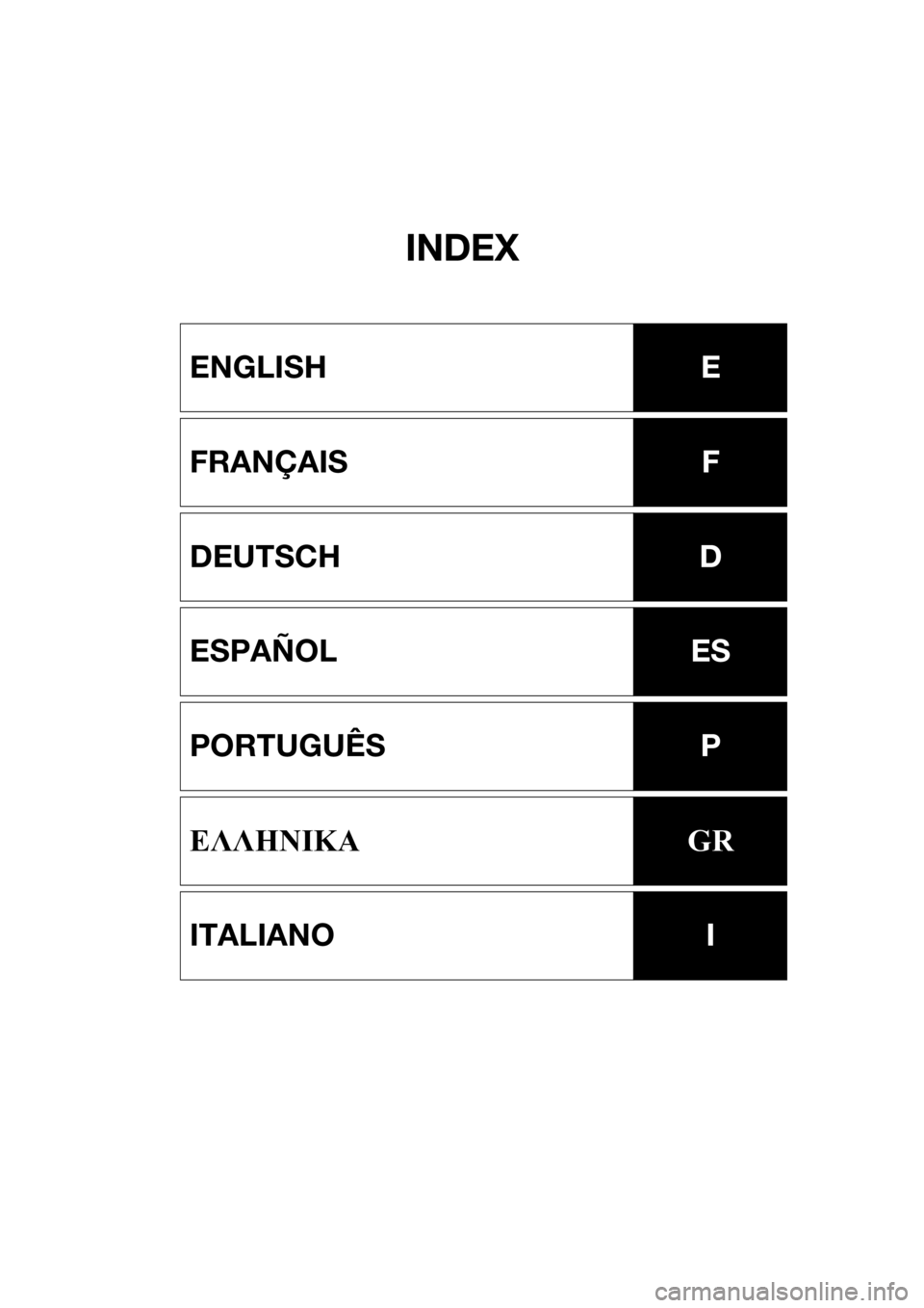 YAMAHA FX HO 2018  Notices Demploi (in French) INDEX
ENGLISHE
FRANÇAISF
DEUTSCHD
ESPAÑOLES
PORTUGUÊSP
ΕΛΛΗΝΙΚΑGR
ITALIANOI
E_F2S-72-forPrint.book  Page 1  Wednesday, June 28, 2017  10:13 AM 