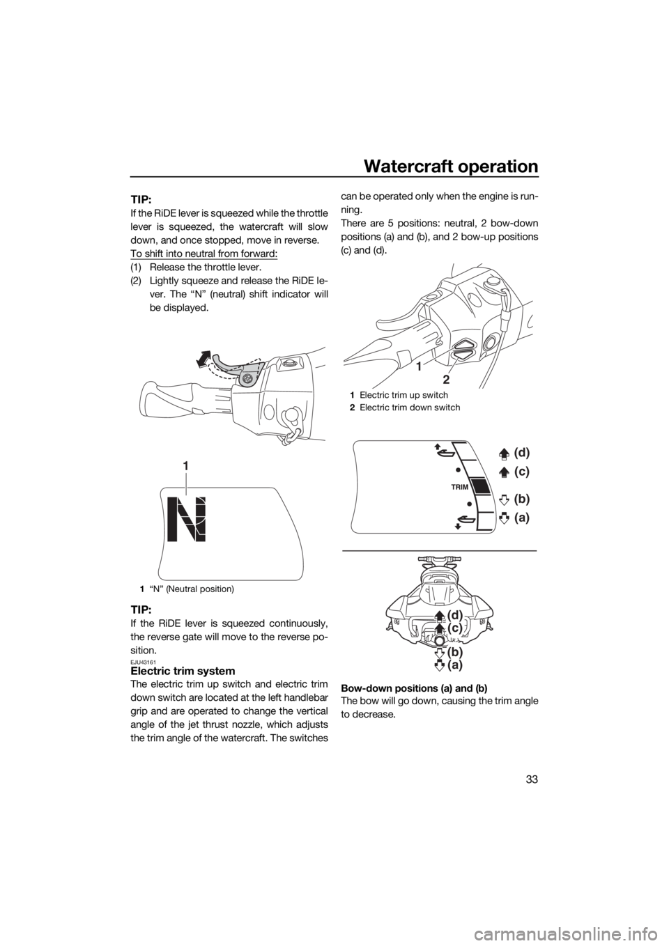 YAMAHA FX HO 2017 Owners Guide Watercraft operation
33
TIP:
If the RiDE lever is squeezed while the throttle
lever is squeezed, the watercraft will slow
down, and once stopped, move in reverse.
To shift into neutral from forward:
(