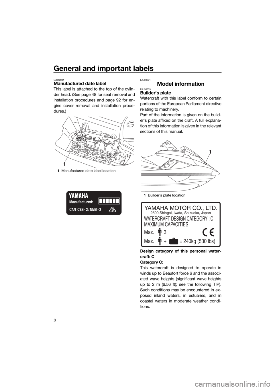 YAMAHA FX HO CRUISER 2017  Owners Manual General and important labels
2
EJU42031Manufactured date label
This label is attached to the top of the cylin-
der head. (See page 48 for seat removal and
installation procedures and page 92 for en-
g