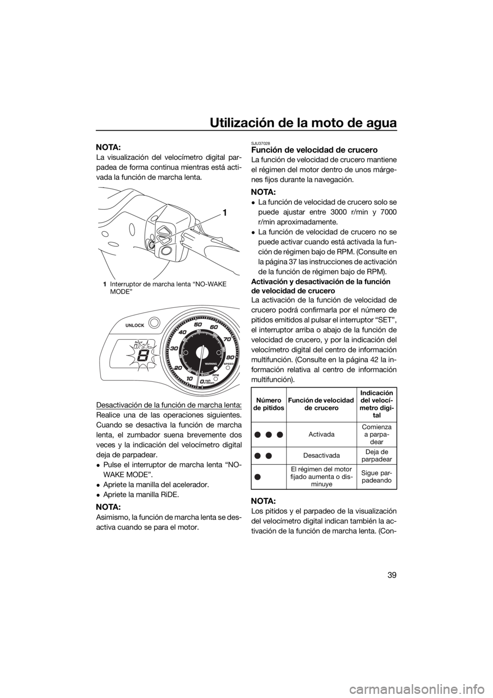 YAMAHA FX HO 2017  Manuale de Empleo (in Spanish) Utilización de la moto de agua
39
NOTA:
La visualización del velocímetro digital par-
padea de forma continua mientras está acti-
vada la función de marcha lenta.
Desactivación de la función de