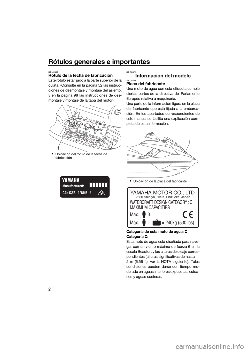 YAMAHA FX HO 2017  Manuale de Empleo (in Spanish) Rótulos generales e importantes
2
SJU42031Rótulo de la fecha de fabricación
Este rótulo está fijado a la parte superior de la
culata. (Consulte en la página 52 las instruc-
ciones de desmontaje 