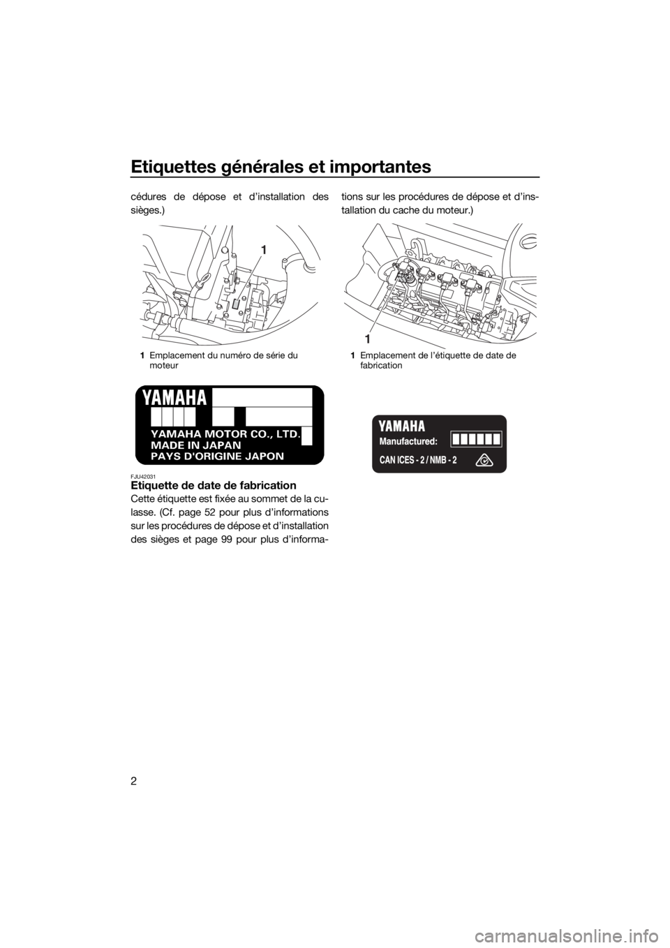 YAMAHA FX HO 2017  Notices Demploi (in French) Etiquettes générales et importantes
2
cédures de dépose et d’installation des
sièges.)
FJU42031Etiquette de date de fabrication
Cette étiquette est fixée au sommet de la cu-
lasse. (Cf. page 