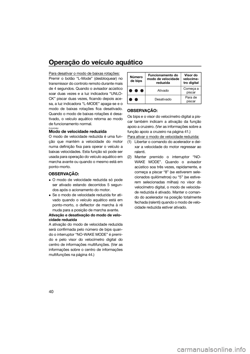 YAMAHA FX HO 2017  Manual de utilização (in Portuguese) Operação do veículo aquático
40
Para desativar o modo de baixas rotações:
Premir o botão “L-Mode” (desbloquear) no
transmissor do controlo remoto durante mais
de 4 segundos. Quando o avisad