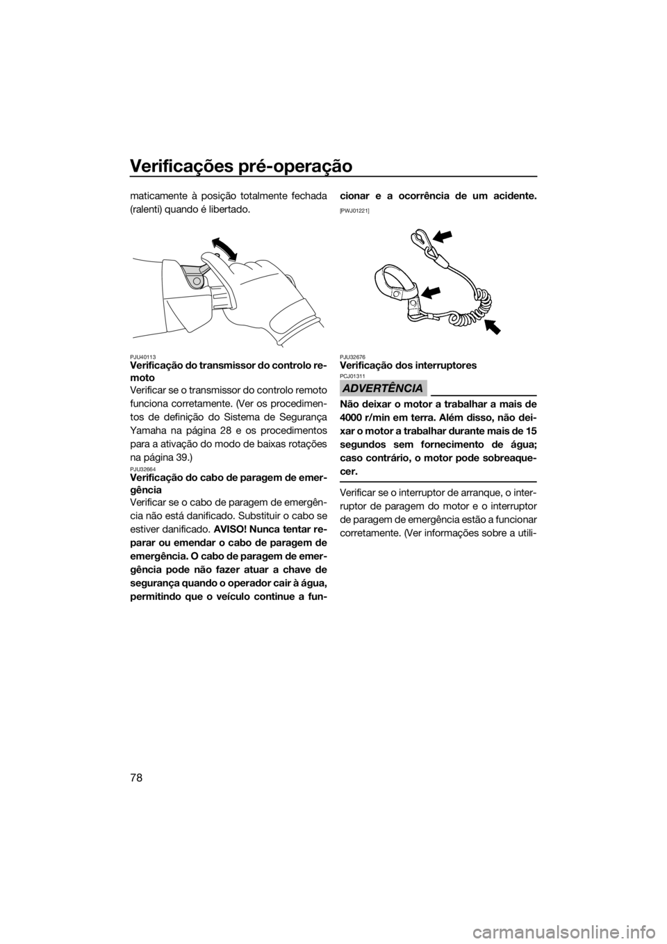 YAMAHA FX HO CRUISER 2017 Manual de utilização (in Portuguese) Verificações pré-operação
78
maticamente à posição totalmente fechada
(ralenti) quando é libertado.
PJU40113Verificação do transmissor do controlo re-
moto
Verificar se o transmissor do con YAMAHA FX HO CRUISER 2017 Manual de utilização (in Portuguese) Verificações pré-operação
78
maticamente à posição totalmente fechada
(ralenti) quando é libertado.
PJU40113Verificação do transmissor do controlo re-
moto
Verificar se o transmissor do con