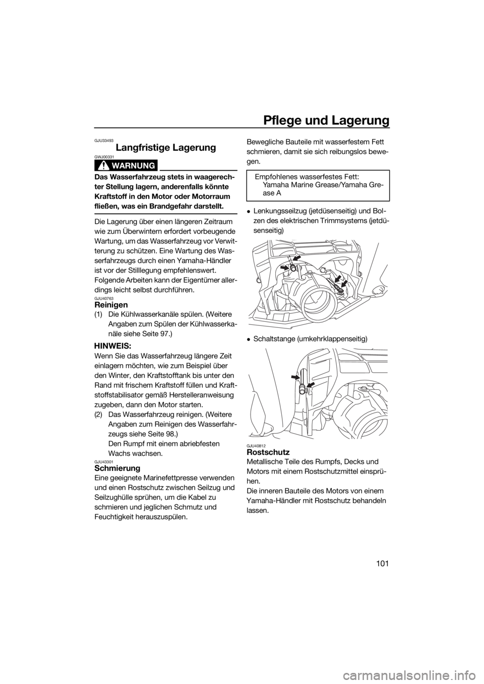 YAMAHA FX HO 2016 Betriebsanleitungen (in German) Pflege und Lagerung
101
GJU33493
Langfristige Lagerung
WARNUNG
GWJ00331
Das Wasserfahrzeug stets in waagerech-
ter Stellung lagern, anderenfalls könnte
Kraftstoff in den Motor oder Motorraum
fließ YAMAHA FX HO 2016 Betriebsanleitungen (in German) Pflege und Lagerung
101
GJU33493
Langfristige Lagerung
WARNUNG
GWJ00331
Das Wasserfahrzeug stets in waagerech-
ter Stellung lagern, anderenfalls könnte
Kraftstoff in den Motor oder Motorraum
fließ