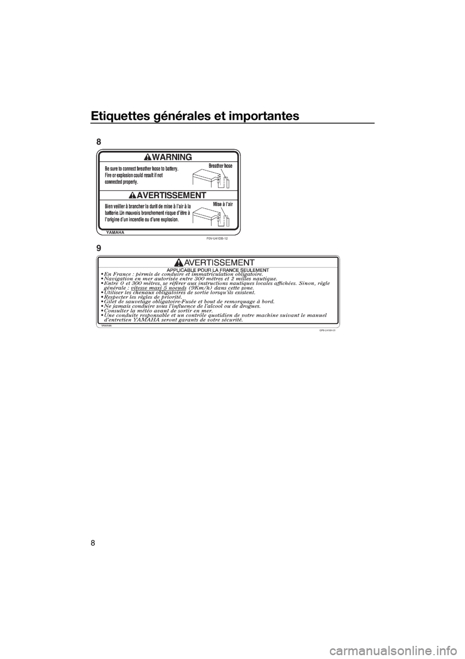 YAMAHA FX HO 2016  Notices Demploi (in French) Etiquettes générales et importantes
8
F0V-U41DB-12
GP8-U416H-01
8
9
UF2T75F0.book  Page 8  Thursday, May 14, 2015  2:30 PM 