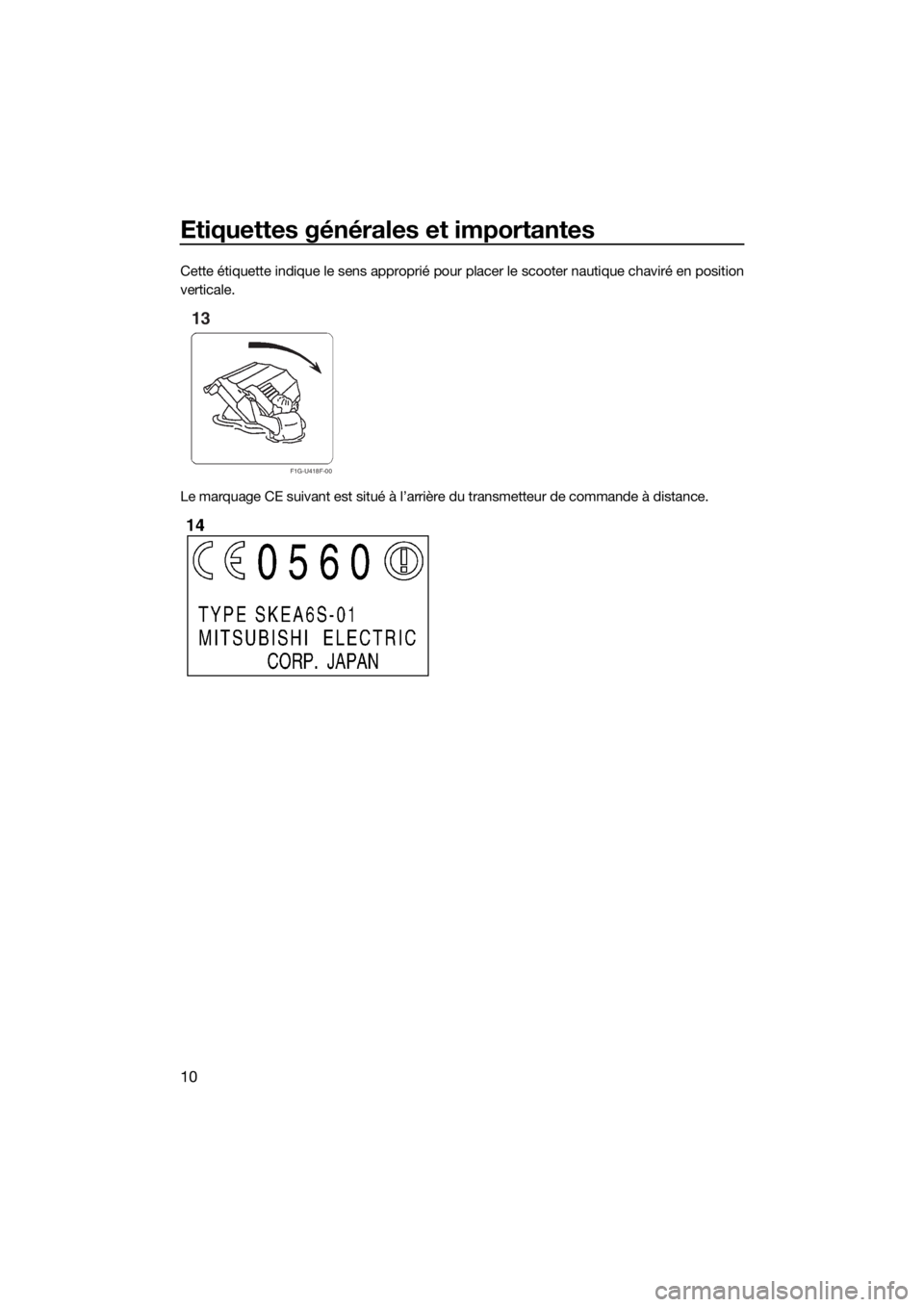 YAMAHA FX HO 2016  Notices Demploi (in French) Etiquettes générales et importantes
10
Cette étiquette indique le sens approprié pour placer le scooter nautique chaviré en position
verticale.
Le marquage CE suivant est situé à l’arrière d