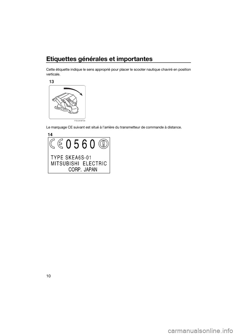 YAMAHA FX HO CRUISER 2016  Notices Demploi (in French) Etiquettes générales et importantes
10
Cette étiquette indique le sens approprié pour placer le scooter nautique chaviré en position
verticale.
Le marquage CE suivant est situé à l’arrière d