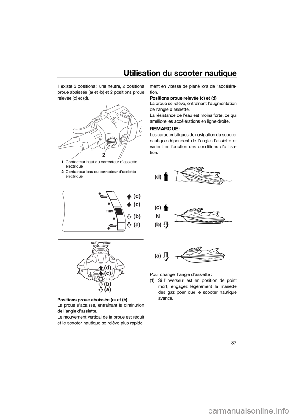 YAMAHA FX HO 2016  Notices Demploi (in French) Utilisation du scooter nautique
37
Il existe 5 positions : une neutre, 2 positions
proue abaissée (a) et (b) et 2 positions proue
relevée (c) et (d).
Positions proue abaissée (a) et (b)
La proue s�