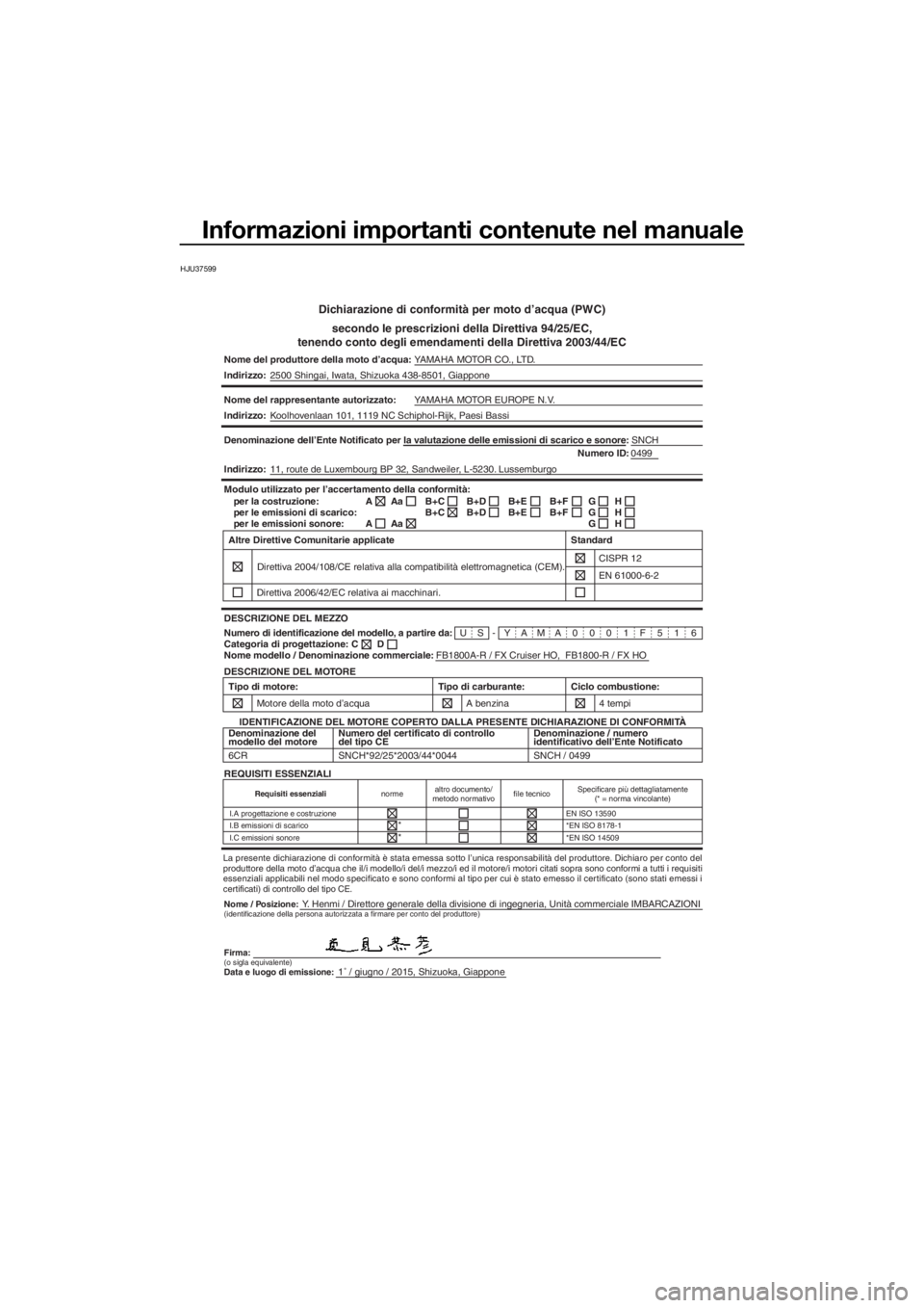 YAMAHA FX HO 2016 Manuale duso (in Italian) Informazioni importanti contenute nel manuale
HJU37599
Dichiarazione di conformità per moto d’acqua (PWC)
secondo le prescrizioni della Direttiva 94/25/EC,
tenendo conto degli emendamenti della Dir YAMAHA FX HO 2016 Manuale duso (in Italian) Informazioni importanti contenute nel manuale
HJU37599
Dichiarazione di conformità per moto d’acqua (PWC)
secondo le prescrizioni della Direttiva 94/25/EC,
tenendo conto degli emendamenti della Dir