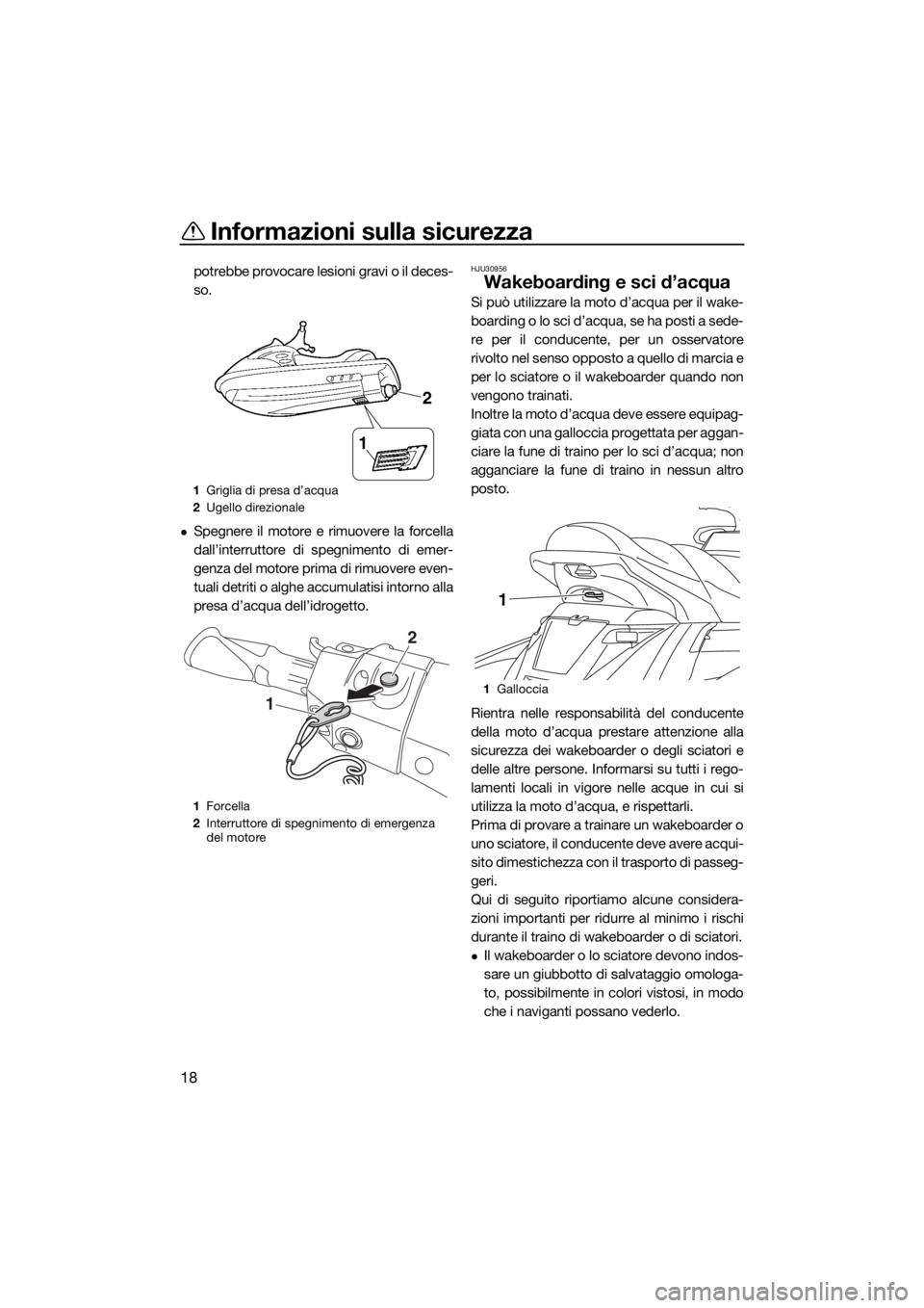 YAMAHA FX HO 2016  Manuale duso (in Italian) Informazioni sulla sicurezza
18
potrebbe provocare lesioni gravi o il deces-
so.
Spegnere il motore e rimuovere la forcella
dall’interruttore di spegnimento di emer-
genza del motore prima di rim