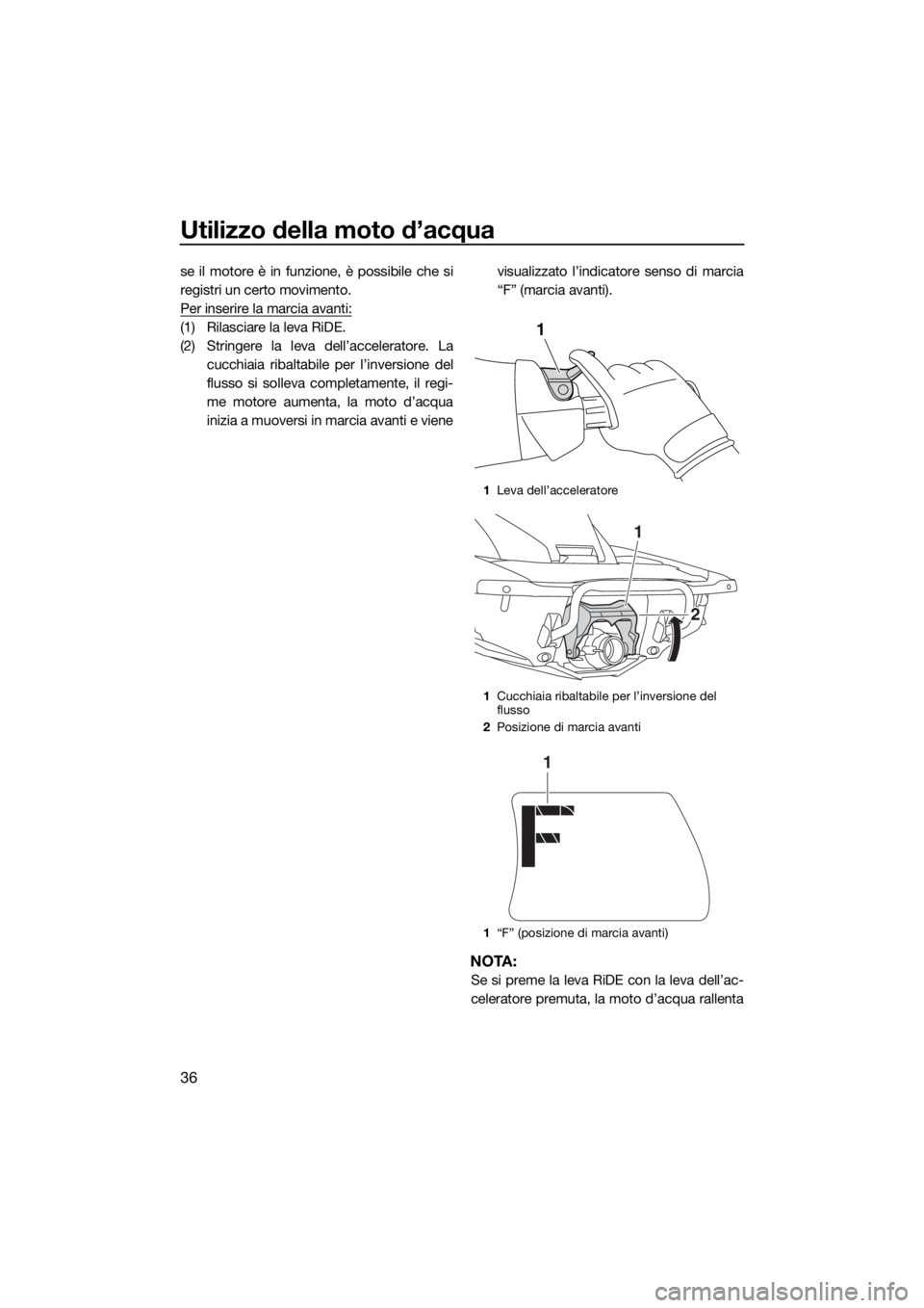 YAMAHA FX HO 2016  Manuale duso (in Italian) Utilizzo della moto d’acqua
36
se il motore è in funzione, è possibile che si
registri un certo movimento.
Per inserire la marcia avanti:
(1) Rilasciare la leva RiDE.
(2) Stringere la leva dell’