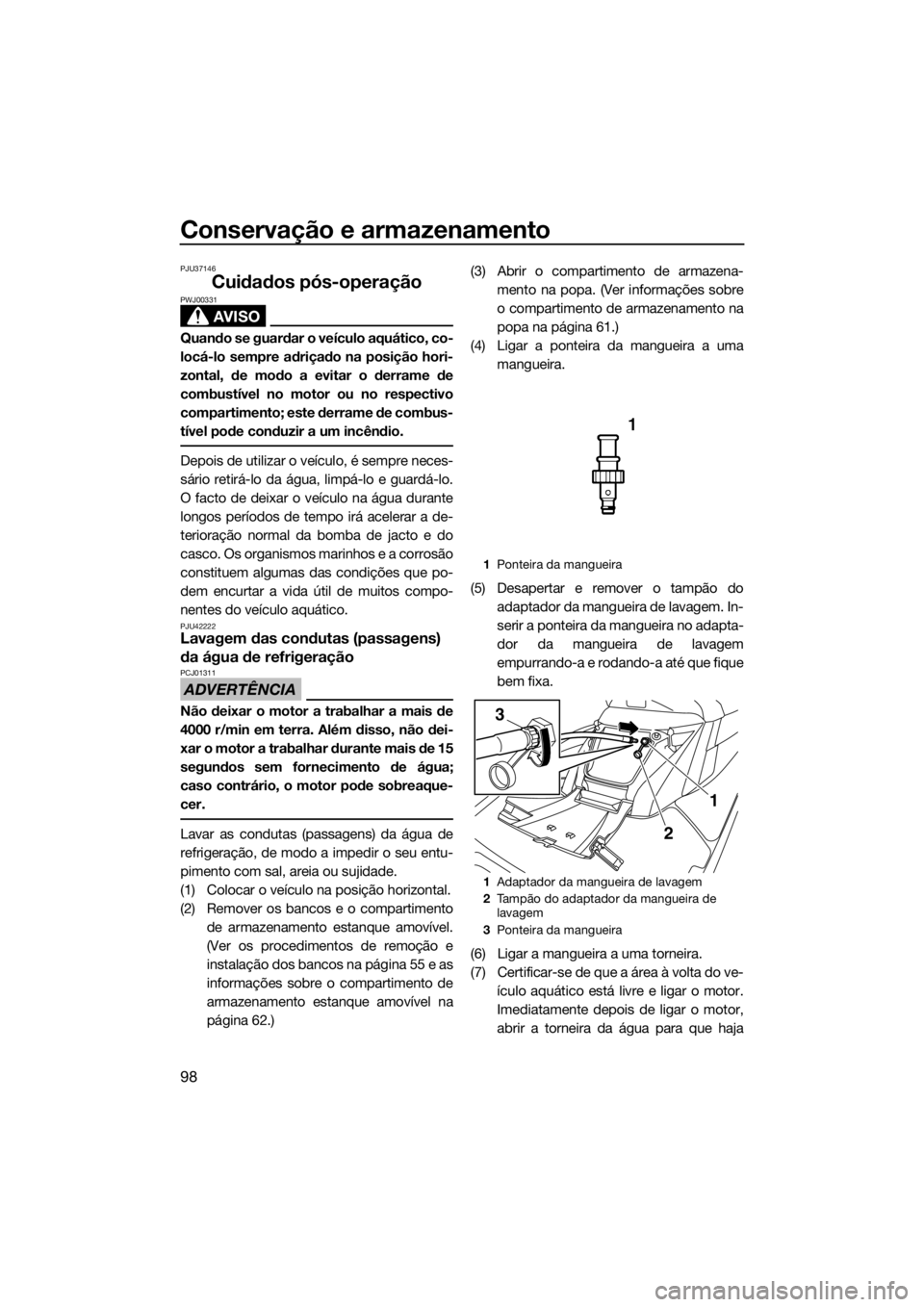 YAMAHA FX HO CRUISER 2016 Manual de utilização (in Portuguese) Conservação e armazenamento
98
PJU37146
Cuidados pós-operação
AVISO
PWJ00331
Quando se guardar o veículo aquático, co-
locá-lo sempre adriçado na posição hori-
zontal, de modo a evitar o de YAMAHA FX HO CRUISER 2016 Manual de utilização (in Portuguese) Conservação e armazenamento
98
PJU37146
Cuidados pós-operação
AVISO
PWJ00331
Quando se guardar o veículo aquático, co-
locá-lo sempre adriçado na posição hori-
zontal, de modo a evitar o de