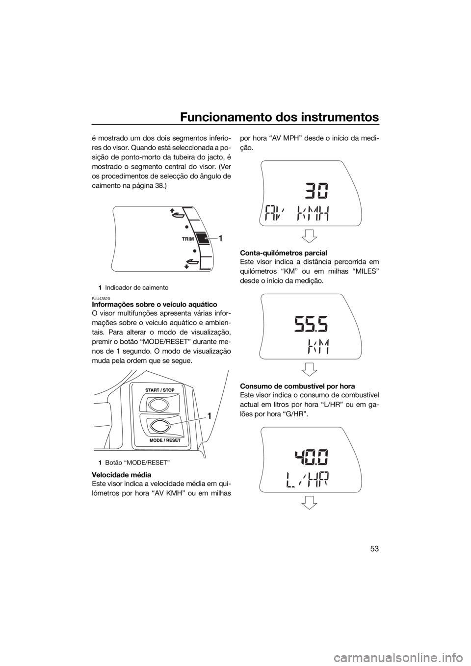 YAMAHA FX HO CRUISER 2016 Manual de utilização (in Portuguese) Funcionamento dos instrumentos
53
é mostrado um dos dois segmentos inferio-
res do visor. Quando está seleccionada a po-
sição de ponto-morto da tubeira do jacto, é
mostrado o segmento central do YAMAHA FX HO CRUISER 2016 Manual de utilização (in Portuguese) Funcionamento dos instrumentos
53
é mostrado um dos dois segmentos inferio-
res do visor. Quando está seleccionada a po-
sição de ponto-morto da tubeira do jacto, é
mostrado o segmento central do