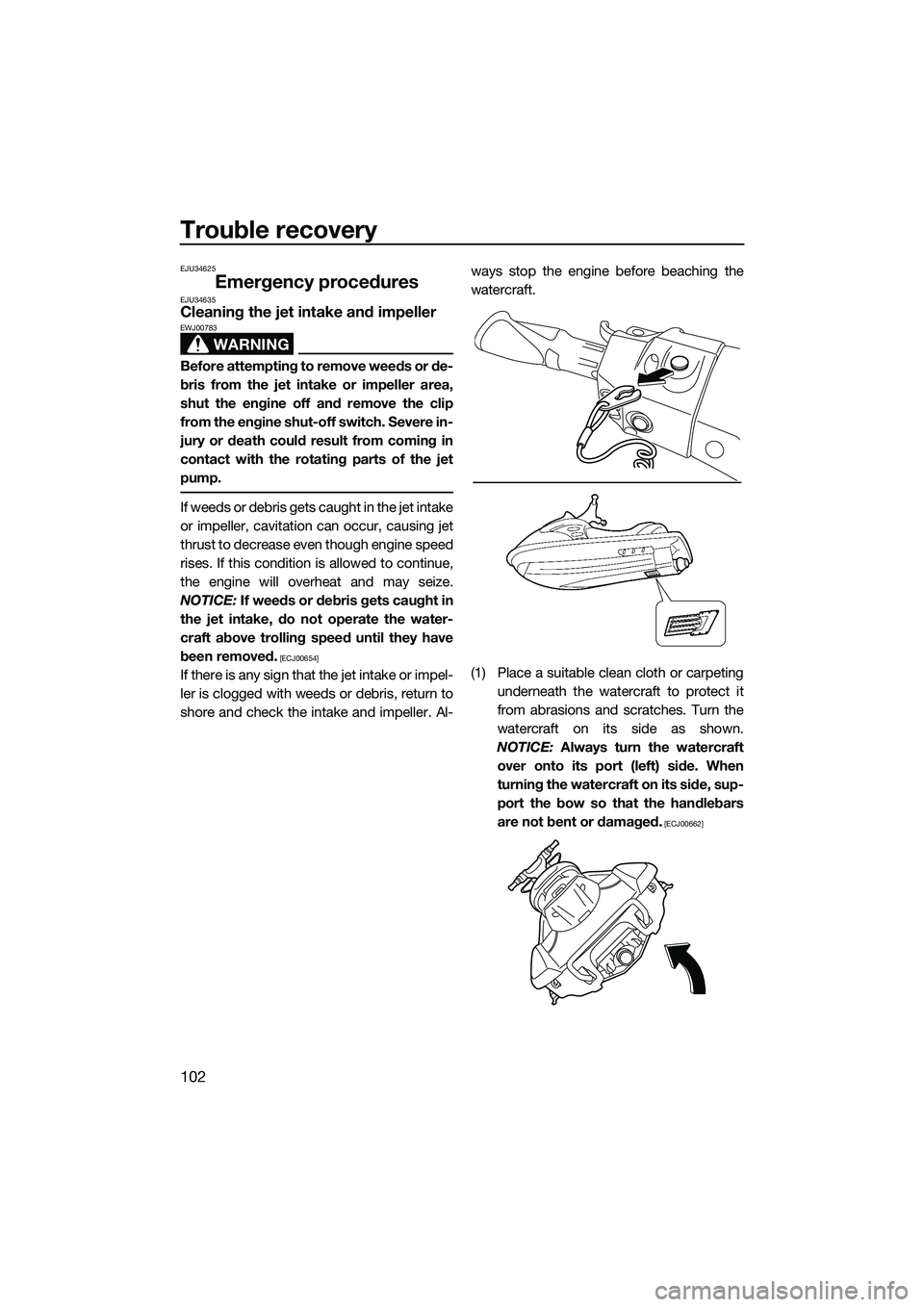 YAMAHA FX HO 2015  Owners Manual Trouble recovery
102
EJU34625
Emergency proceduresEJU34635Cleaning the jet intake and impeller
WARNING
EWJ00783
Before attempting to remove weeds or de-
bris from the jet intake or impeller area,
shut