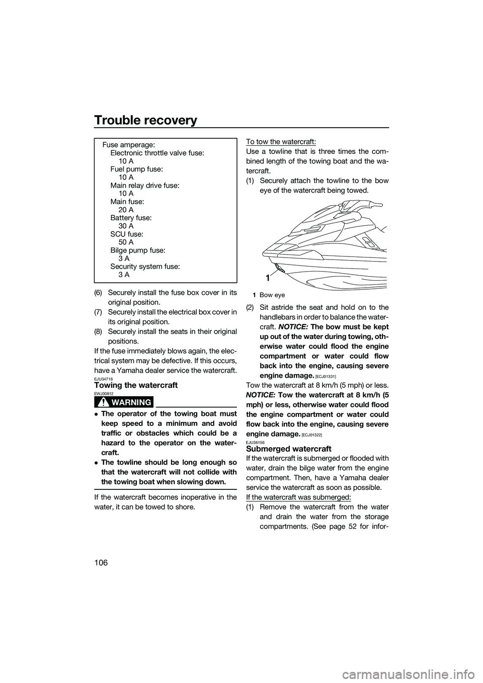 YAMAHA FX HO 2015  Owners Manual Trouble recovery
106
(6) Securely install the fuse box cover in itsoriginal position.
(7) Securely install the electrical box cover in its original position.
(8) Securely install the seats in their or