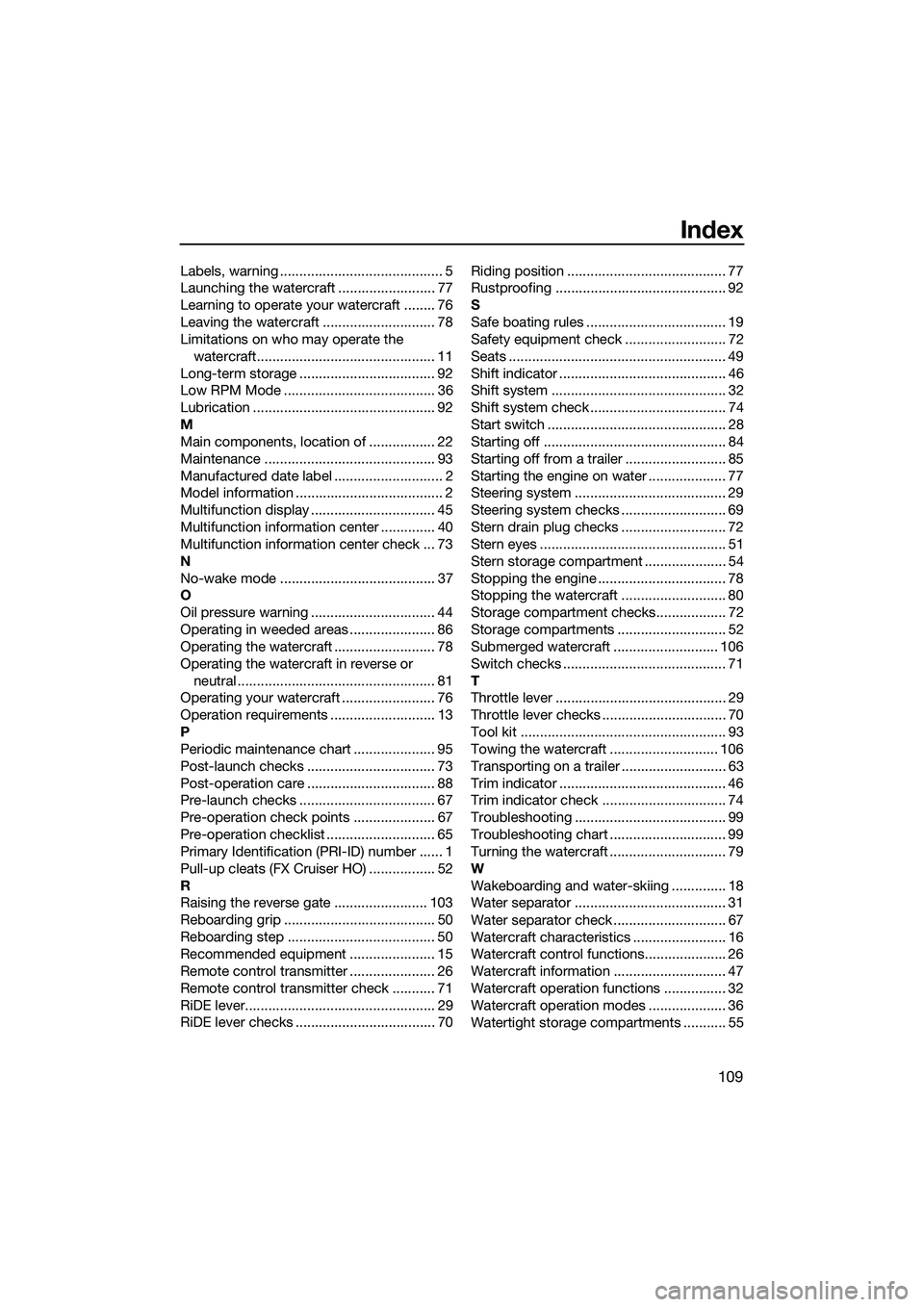 YAMAHA FX HO 2015  Owners Manual Index
109
Labels, warning .......................................... 5
Launching the watercraft ......................... 77
Learning to operate your watercraft ........ 76
Leaving the watercraft ....