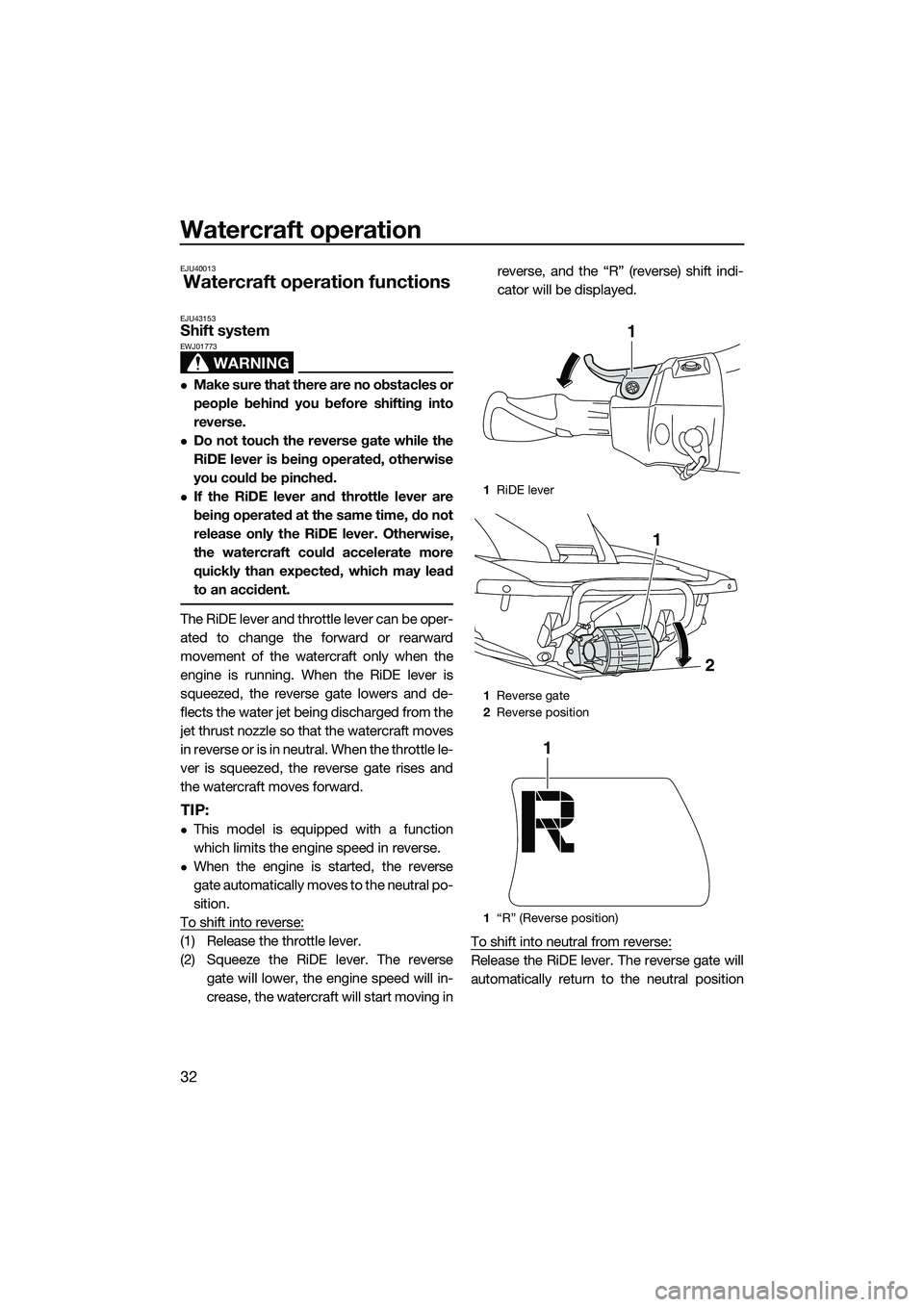 YAMAHA FX HO 2015 Owners Guide Watercraft operation
32
EJU40013
Watercraft operation functions
EJU43153Shift system
WARNING
EWJ01773
Make sure that there are no obstacles or
people behind you before shifting into
reverse.
Do YAMAHA FX HO 2015 Owners Guide Watercraft operation
32
EJU40013
Watercraft operation functions
EJU43153Shift system
WARNING
EWJ01773
Make sure that there are no obstacles or
people behind you before shifting into
reverse.
Do
