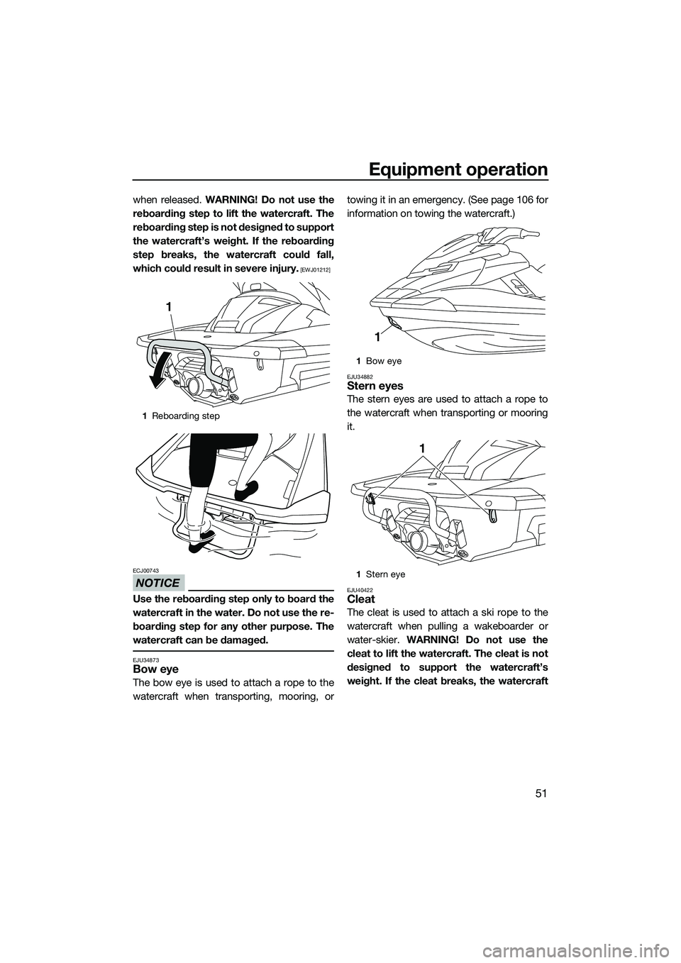 YAMAHA FX HO 2015 Workshop Manual Equipment operation
51
when released. WARNING! Do not use the
reboarding step to lift the watercraft. The
reboarding step is not designed to support
the watercraft’s weight. If the reboarding
step b YAMAHA FX HO 2015 Workshop Manual Equipment operation
51
when released. WARNING! Do not use the
reboarding step to lift the watercraft. The
reboarding step is not designed to support
the watercraft’s weight. If the reboarding
step b