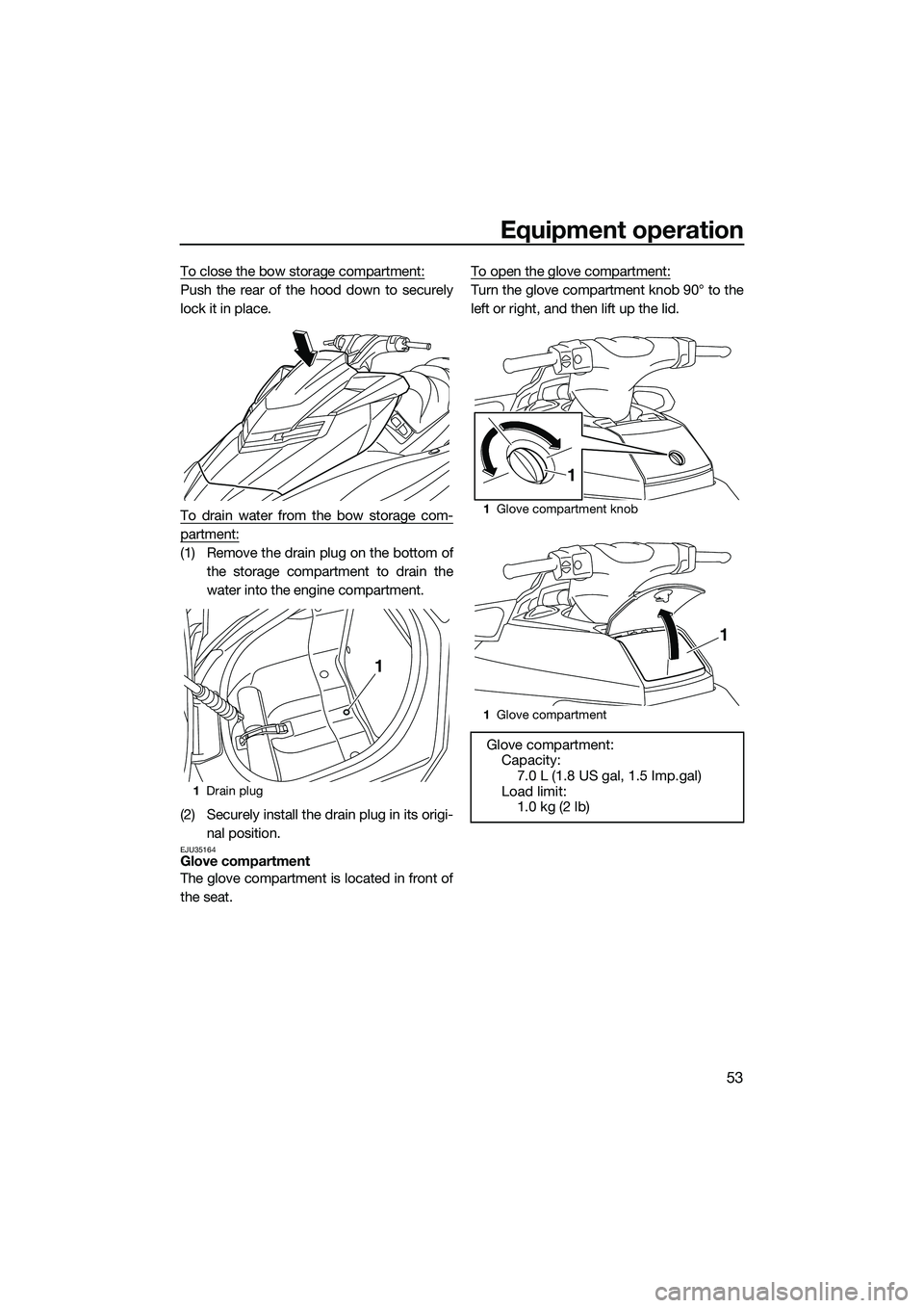 YAMAHA FX HO 2015 Workshop Manual Equipment operation
53
To close the bow storage compartment:
Push the rear of the hood down to securely
lock it in place.
To drain water from the bow storage com-
partment:
(1) Remove the drain plug o YAMAHA FX HO 2015 Workshop Manual Equipment operation
53
To close the bow storage compartment:
Push the rear of the hood down to securely
lock it in place.
To drain water from the bow storage com-
partment:
(1) Remove the drain plug o