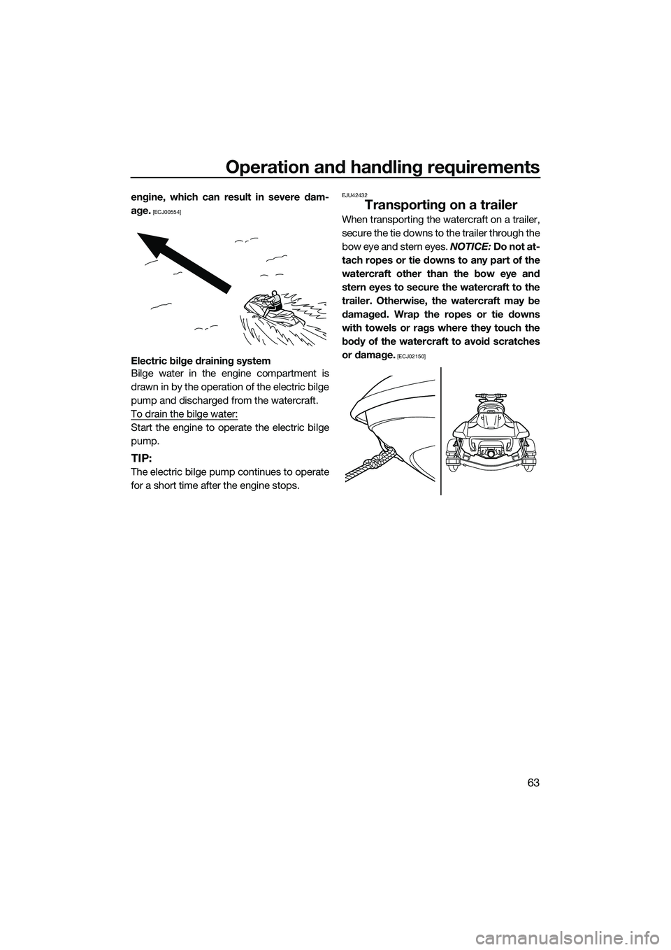 YAMAHA FX HO 2015 Repair Manual Operation and handling requirements
63
engine, which can result in severe dam-
age.
 [ECJ00554]
Electric bilge draining system
Bilge water in the engine compartment is
drawn in by the operation of the