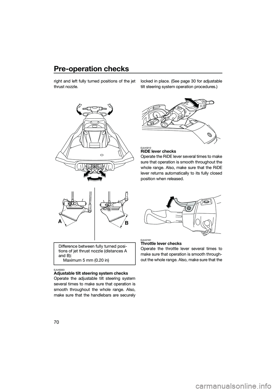 YAMAHA FX HO 2015 Manual PDF Pre-operation checks
70
right and left fully turned positions of the jet
thrust nozzle.
EJU40363Adjustable tilt steering system checks
Operate the adjustable tilt steering system
several times to make YAMAHA FX HO 2015 Manual PDF Pre-operation checks
70
right and left fully turned positions of the jet
thrust nozzle.
EJU40363Adjustable tilt steering system checks
Operate the adjustable tilt steering system
several times to make