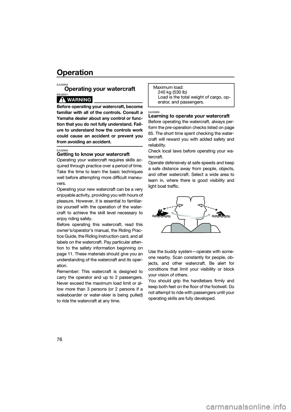 YAMAHA FX HO 2015 Manual Online Operation
76
EJU32903
Operating your watercraft
WARNING
EWJ00511
Before operating your watercraft, become
familiar with all of the controls. Consult a
Yamaha dealer about any control or func- tion tha YAMAHA FX HO 2015 Manual Online Operation
76
EJU32903
Operating your watercraft
WARNING
EWJ00511
Before operating your watercraft, become
familiar with all of the controls. Consult a
Yamaha dealer about any control or func- tion tha