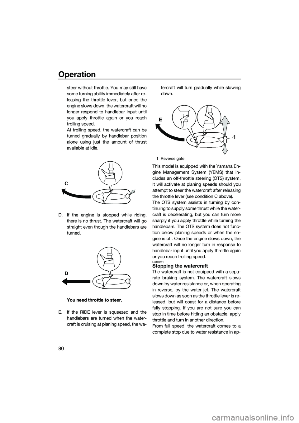 YAMAHA FX HO 2015 Manual Online Operation
80
steer without throttle. You may still have
some turning ability immediately after re-
leasing the throttle lever, but once the
engine slows down, the watercraft will no
longer respond to YAMAHA FX HO 2015 Manual Online Operation
80
steer without throttle. You may still have
some turning ability immediately after re-
leasing the throttle lever, but once the
engine slows down, the watercraft will no
longer respond to