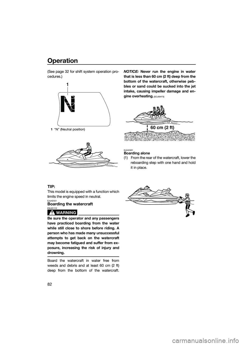 YAMAHA FX HO 2015 Manual Online Operation
82
(See page 32 for shift system operation pro-
cedures.)
TIP:
This model is equipped with a function which
limits the engine speed in neutral.
EJU42451Boarding the watercraft
WARNING
EWJ011 YAMAHA FX HO 2015 Manual Online Operation
82
(See page 32 for shift system operation pro-
cedures.)
TIP:
This model is equipped with a function which
limits the engine speed in neutral.
EJU42451Boarding the watercraft
WARNING
EWJ011