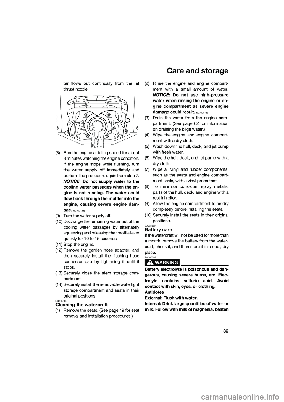 YAMAHA FX HO 2015  Owners Manual Care and storage
89
ter flows out continually from the jet
thrust nozzle.
(8) Run the engine at idling speed for about 3 minutes watching the engine condition.
If the engine stops while flushing, turn