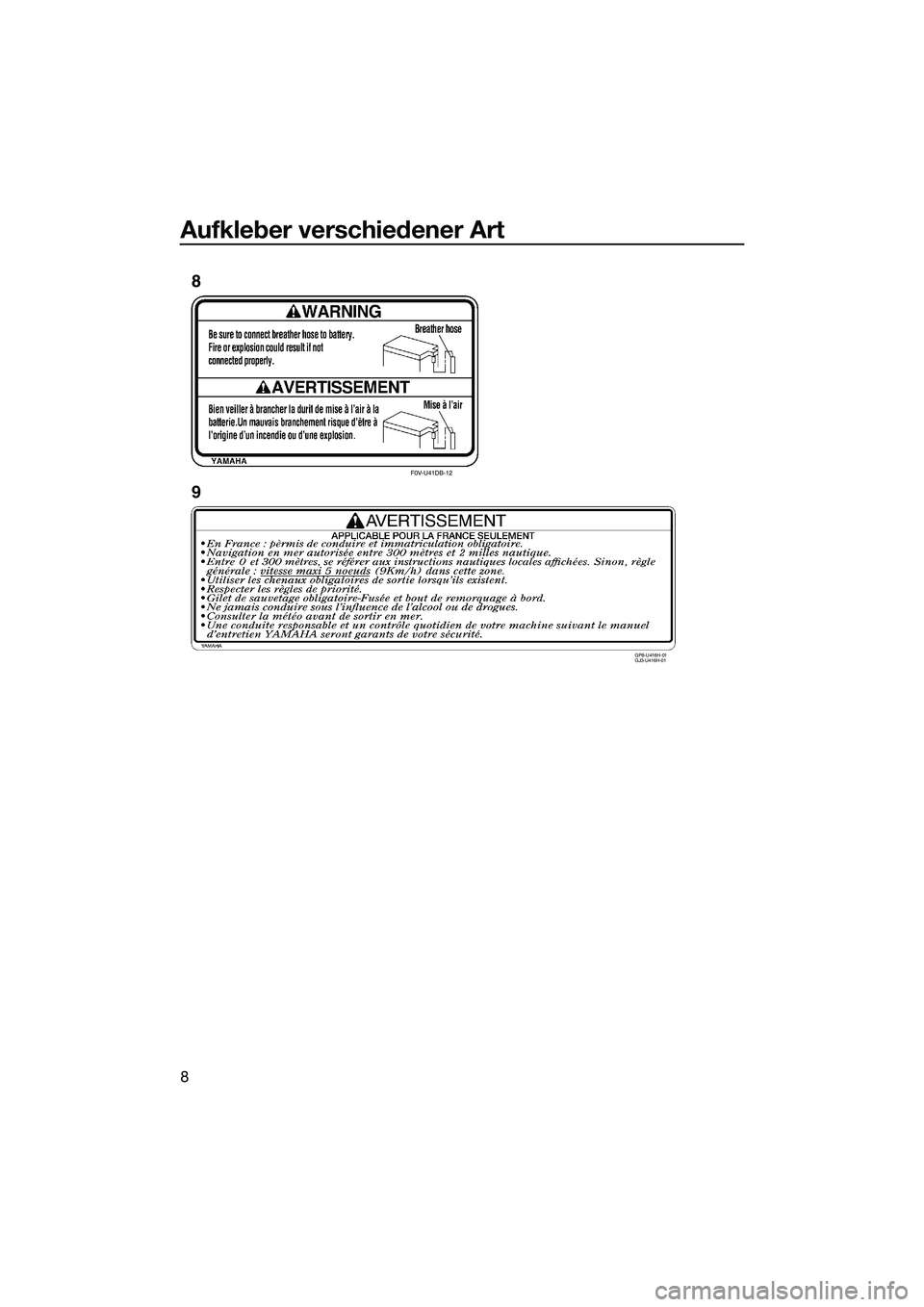 YAMAHA FX HO 2015 Betriebsanleitungen (in German) Aufkleber verschiedener Art
8
F0V-U41DB-12
GP8-U416H-01
GJ3-U416H-01
8
9
UF2T74G0.book Page 8 Thursday, June 26, 2014 9:50 AM YAMAHA FX HO 2015 Betriebsanleitungen (in German) Aufkleber verschiedener Art
8
F0V-U41DB-12
GP8-U416H-01
GJ3-U416H-01
8
9
UF2T74G0.book Page 8 Thursday, June 26, 2014 9:50 AM