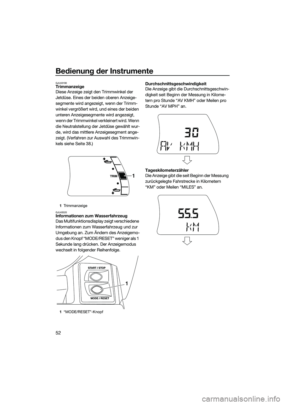 YAMAHA FX HO 2015  Betriebsanleitungen (in German) Bedienung der Instrumente
52
GJU43190Trimmanzeige
Diese Anzeige zeigt den Trimmwinkel der 
Jetdüse. Eines der beiden oberen Anzeige-
segmente wird angezeigt, wenn der Trimm-
winkel vergrößert wird,