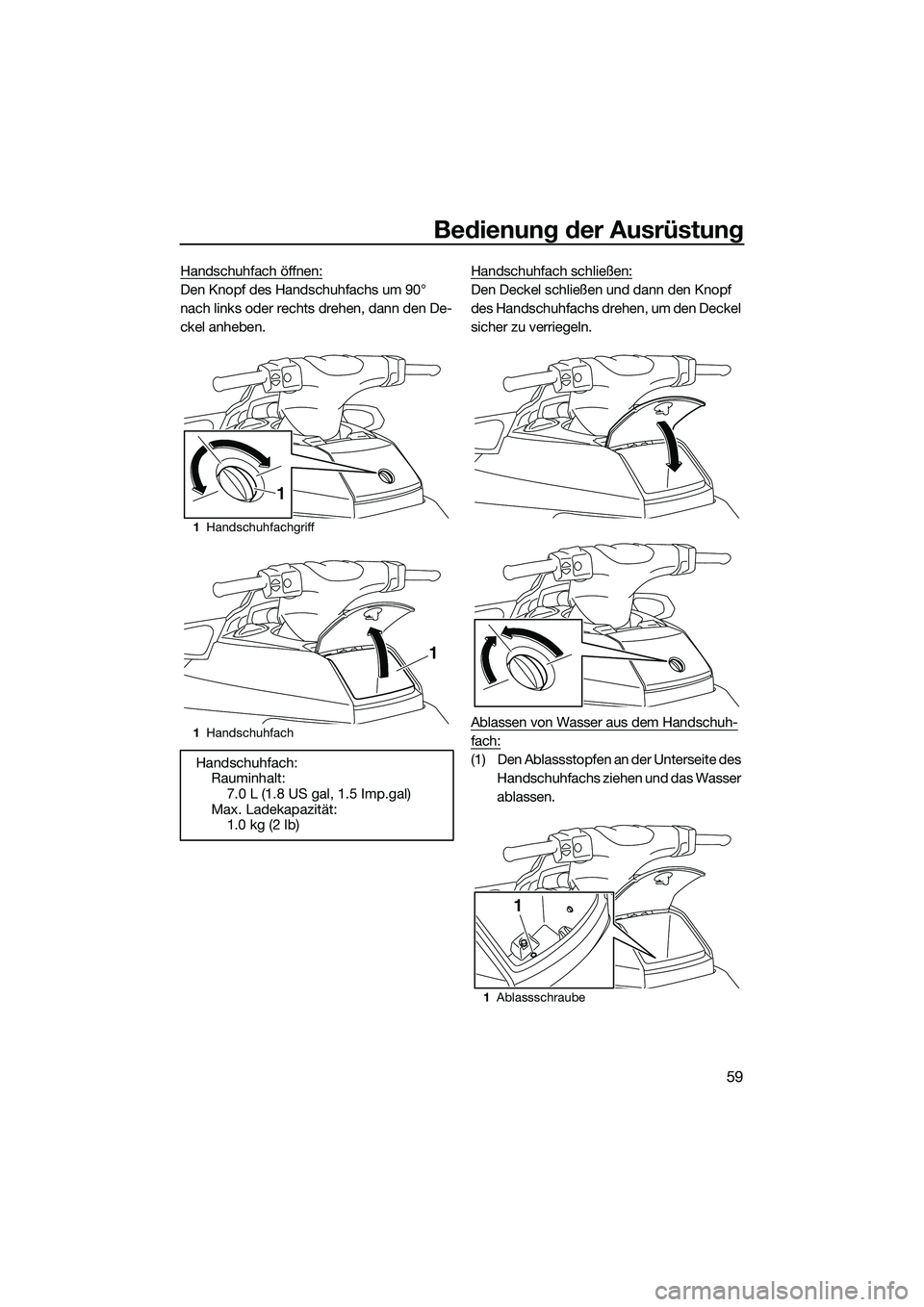 YAMAHA FX HO 2015 Betriebsanleitungen (in German) Bedienung der Ausrüstung
59
Handschuhfach öffnen:
Den Knopf des Handschuhfachs um 90°
nach links oder rechts drehen, dann den De-
ckel anheben.Handschuhfach schließen:Den Deckel schließen und da YAMAHA FX HO 2015 Betriebsanleitungen (in German) Bedienung der Ausrüstung
59
Handschuhfach öffnen:
Den Knopf des Handschuhfachs um 90°
nach links oder rechts drehen, dann den De-
ckel anheben.Handschuhfach schließen:Den Deckel schließen und da