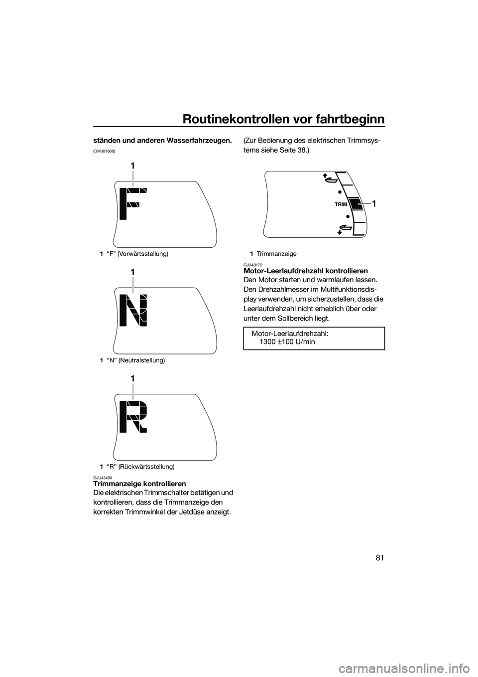 YAMAHA FX HO 2015  Betriebsanleitungen (in German) Routinekontrollen vor fahrtbeginn
81
ständen und anderen Wasserfahrzeugen. 
[GWJ01860]
GJU43400
Trimmanzeige kontrollieren
Die elektrischen Trimmschalter betätigen und 
kontrollieren, dass die Trimm
